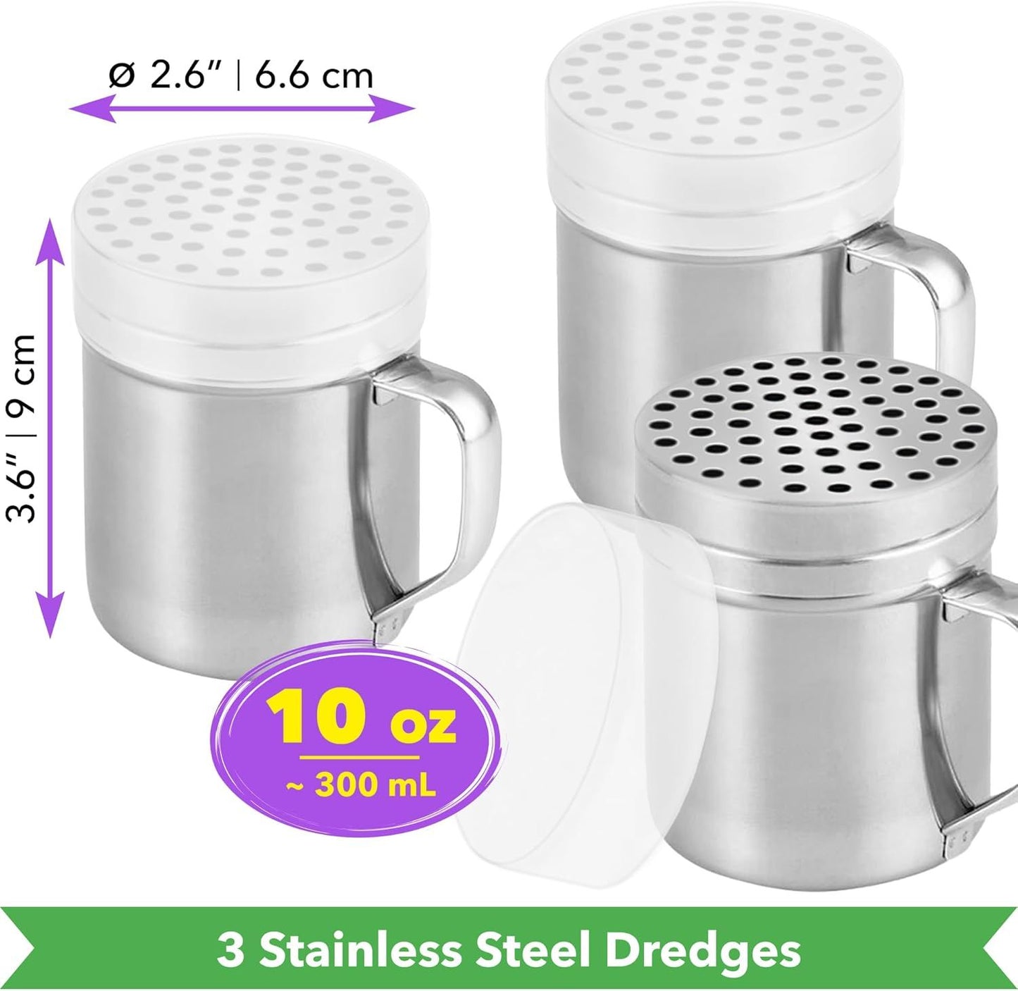 [3-pcs] 10 oz Metal Parmesan Cheese Shakers (Large Holes) + [1-pc] 10 oz Stainless Steel Salt Pepper Dredge Shaker - with Plastic Caps & Handles Bundle