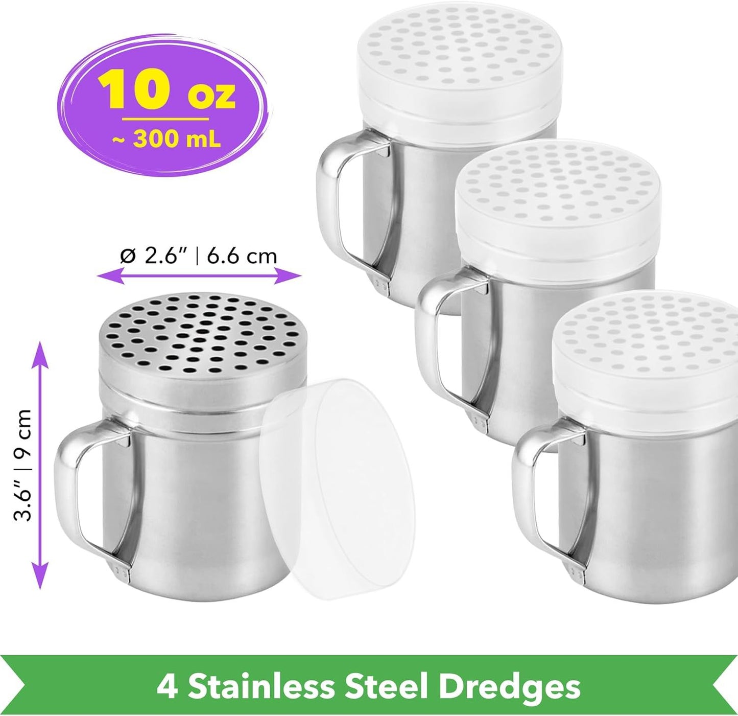 [4-pcs] 10 oz Metal Parmesan Cheese Shakers (Large Holes) + [1-pc] 10 oz Stainless Steel Salt Pepper Dredge Shaker - with Plastic Caps & Handles Bundle