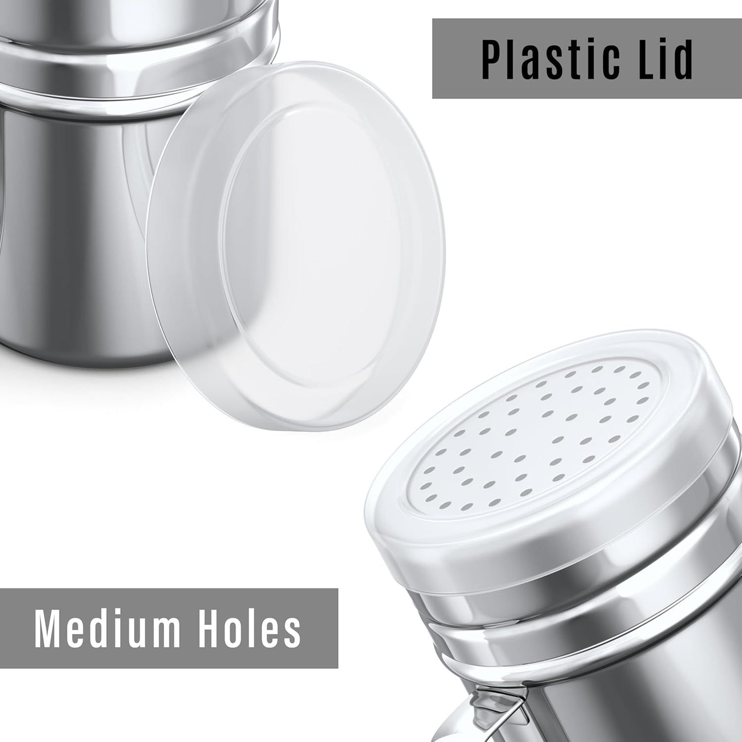 [4-pcs] 10 oz Metal Parmesan Cheese Shakers (Large Holes) + [1-pc] 10 oz Stainless Steel Salt Pepper Dredge Shaker - with Plastic Caps & Handles Bundle