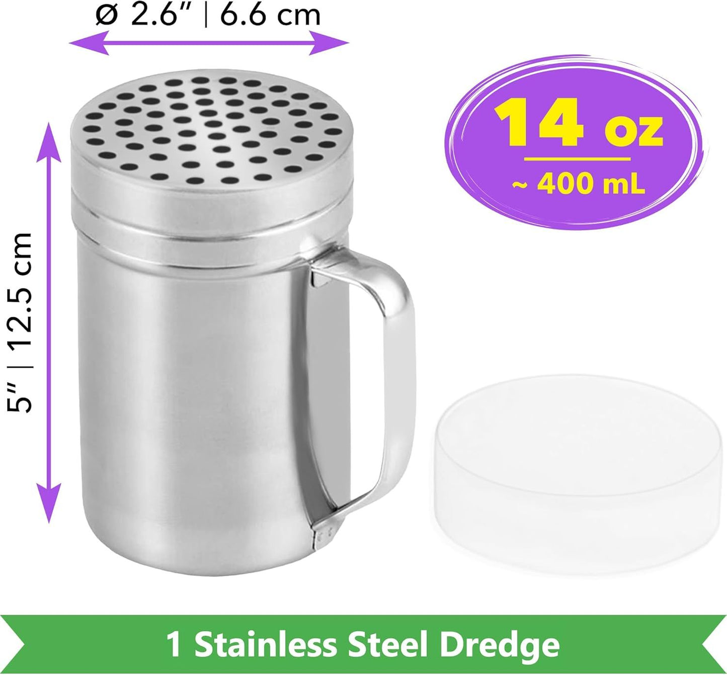 [1-pc] 14 oz Metal Parmesan Cheese Shaker (Large Holes) + [2-pcs] 6 oz Metal Salt Pepper Dredge Shakers - with Plastic Caps & Handles Bundle