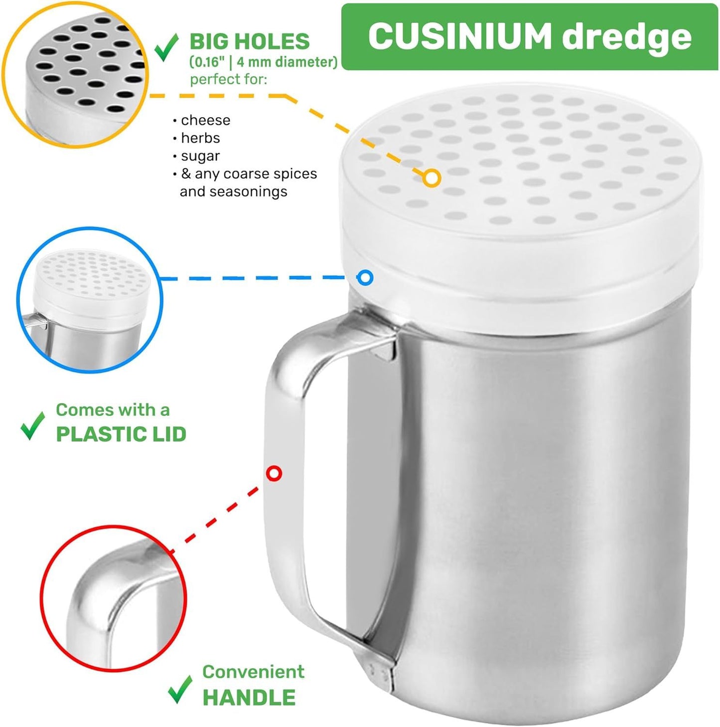[1-pc] 14 oz Metal Parmesan Cheese Shaker (Large Holes) + [2-pcs] 6 oz Metal Salt Pepper Dredge Shakers - with Plastic Caps & Handles Bundle
