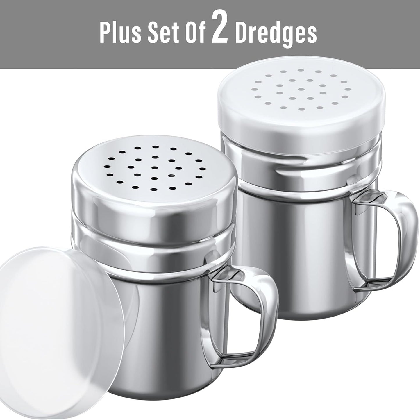 [1-pc] 14 oz Metal Parmesan Cheese Shaker (Large Holes) + [2-pcs] 6 oz Metal Salt Pepper Dredge Shakers - with Plastic Caps & Handles Bundle