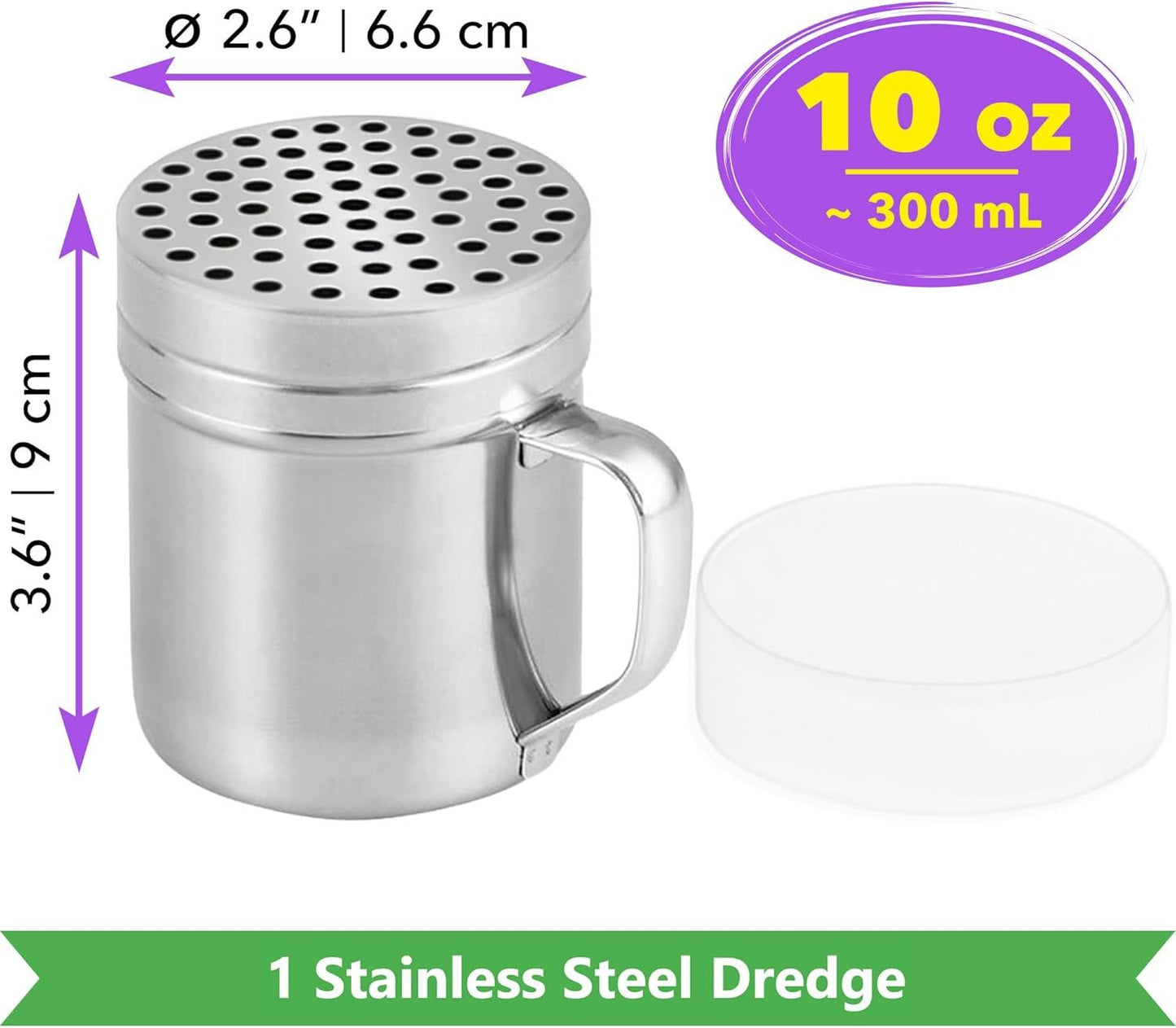 [1-pc] 10 oz Metal Parmesan Cheese Shaker (Large Holes) + [2-pcs] 6 oz Metal Salt Pepper Dredge Shakers - with Plastic Caps & Handles Bundle