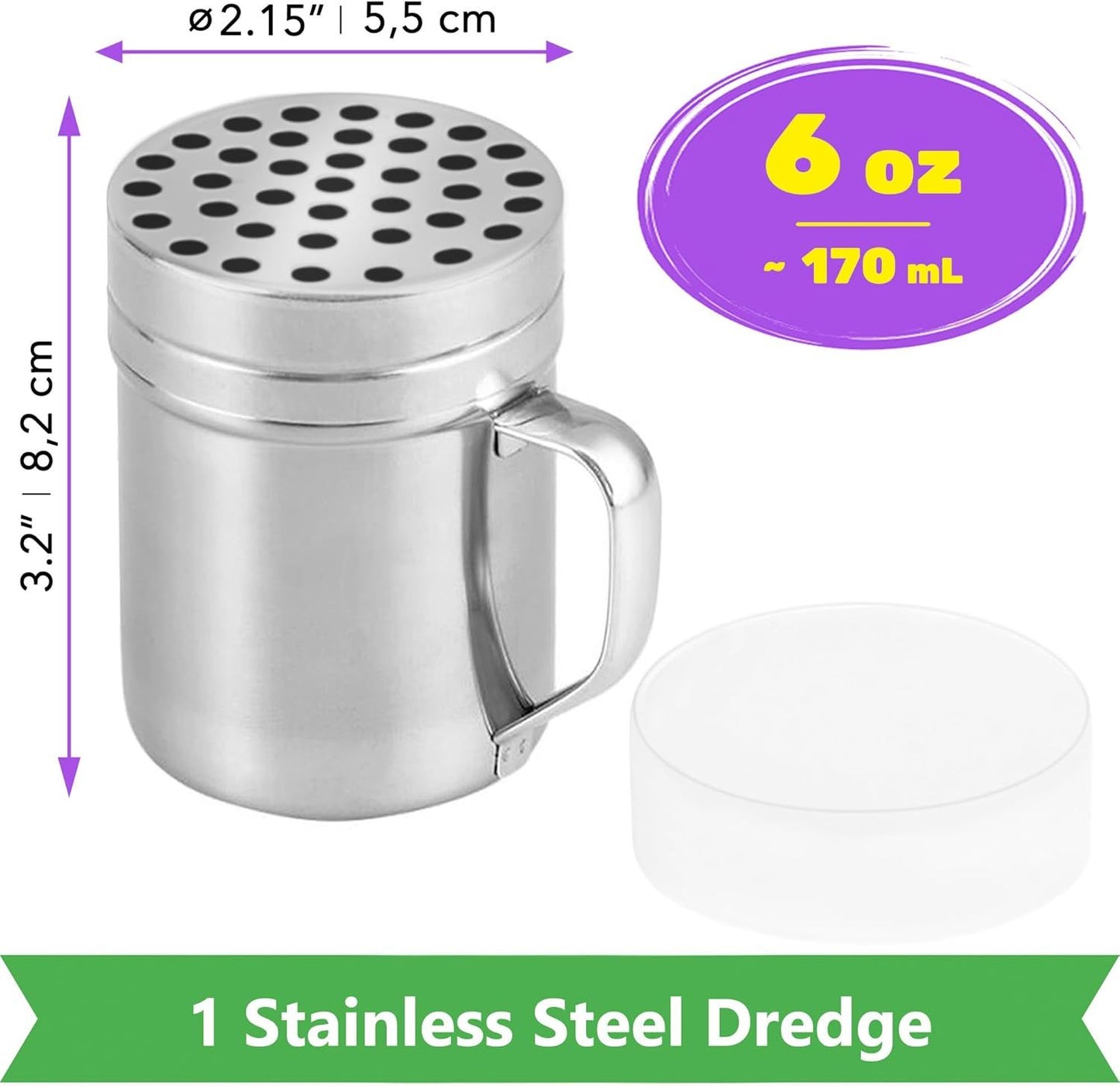 [1-pc] 6 oz Metal Parmesan Cheese Shaker (Large Holes) + [2-pcs] 6 oz Metal Salt Pepper Dredge Shakers - with Plastic Caps & Handles Bundle