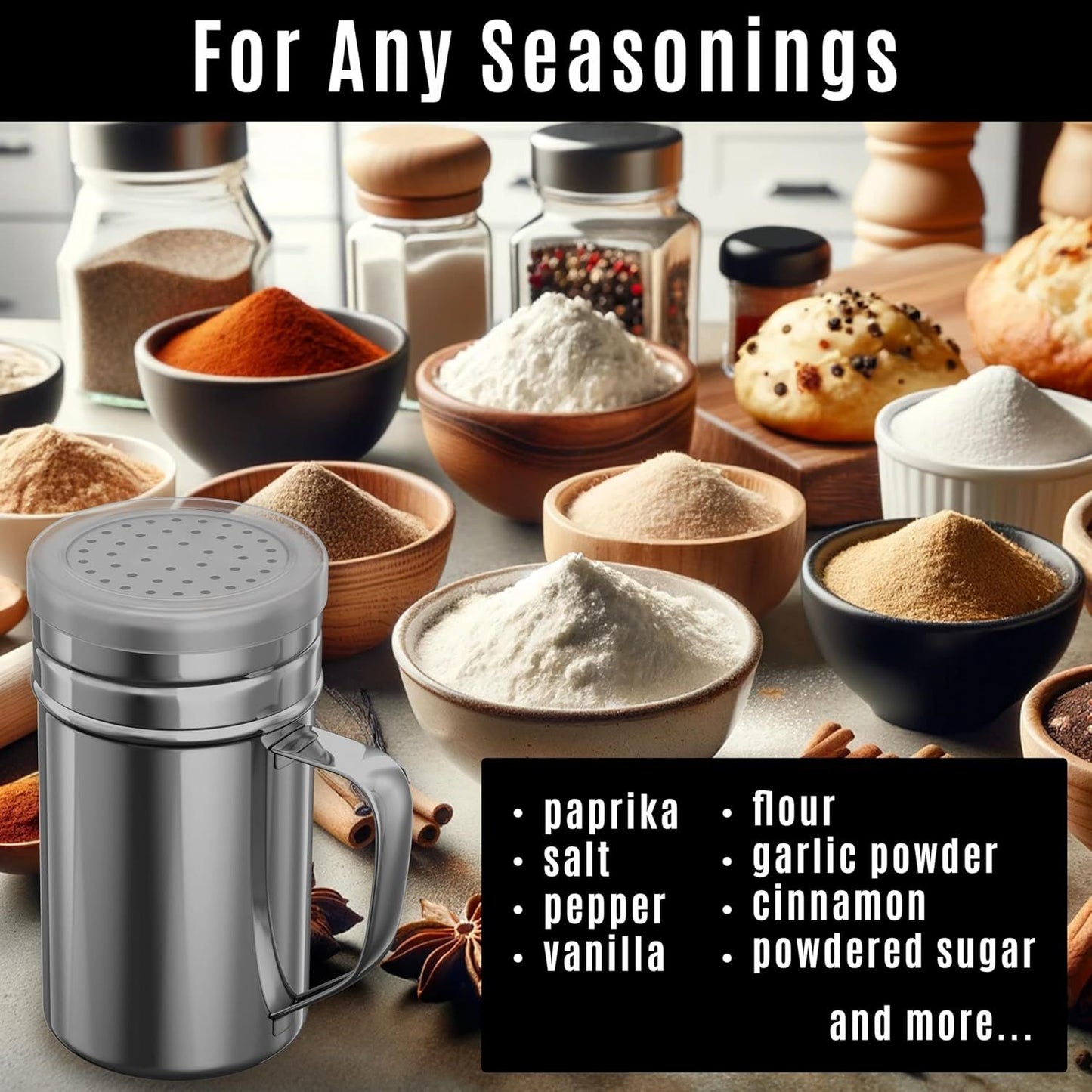 [1-pc] 14 oz Metal Parmesan Cheese Shaker (Large Holes) + [2-pcs] 14 oz Metal Salt Pepper Dredge Shakers - with Plastic Caps & Handles Bundle
