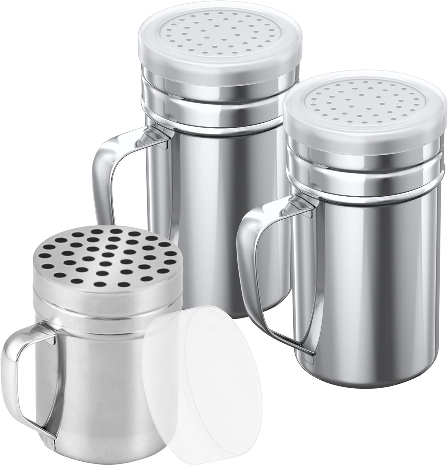 [1-pc] 6 oz Metal Parmesan Cheese Shaker (Large Holes) + [2-pcs] 14 oz Metal Salt Pepper Dredge Shakers - with Plastic Caps & Handles Bundle