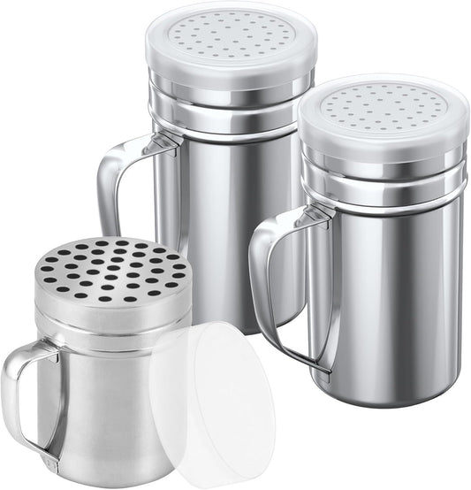 [1-pc] 6 oz Metal Parmesan Cheese Shaker (Large Holes) + [2-pcs] 14 oz Metal Salt Pepper Dredge Shakers - with Plastic Caps & Handles Bundle