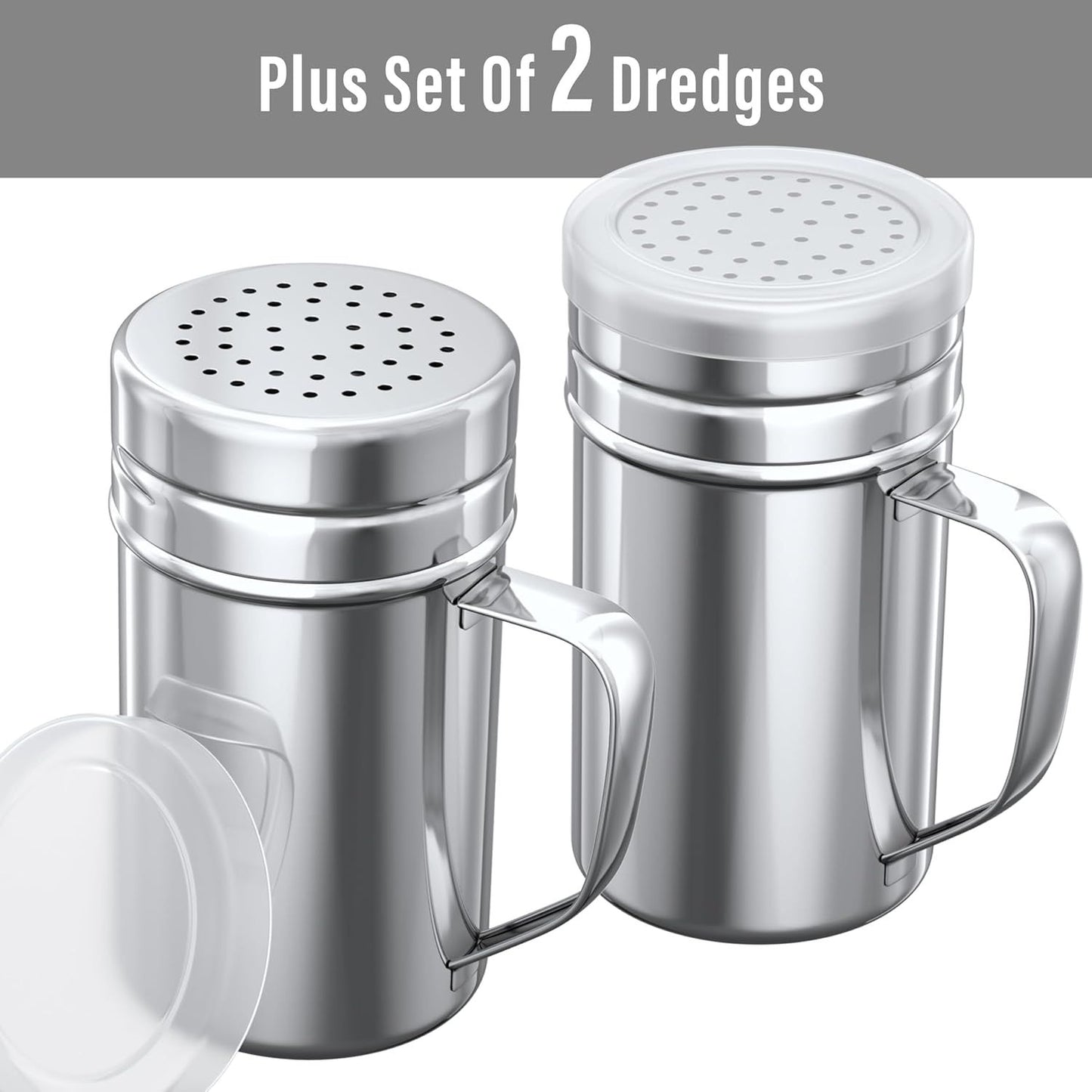 [1-pc] 6 oz Metal Parmesan Cheese Shaker (Large Holes) + [2-pcs] 14 oz Metal Salt Pepper Dredge Shakers - with Plastic Caps & Handles Bundle