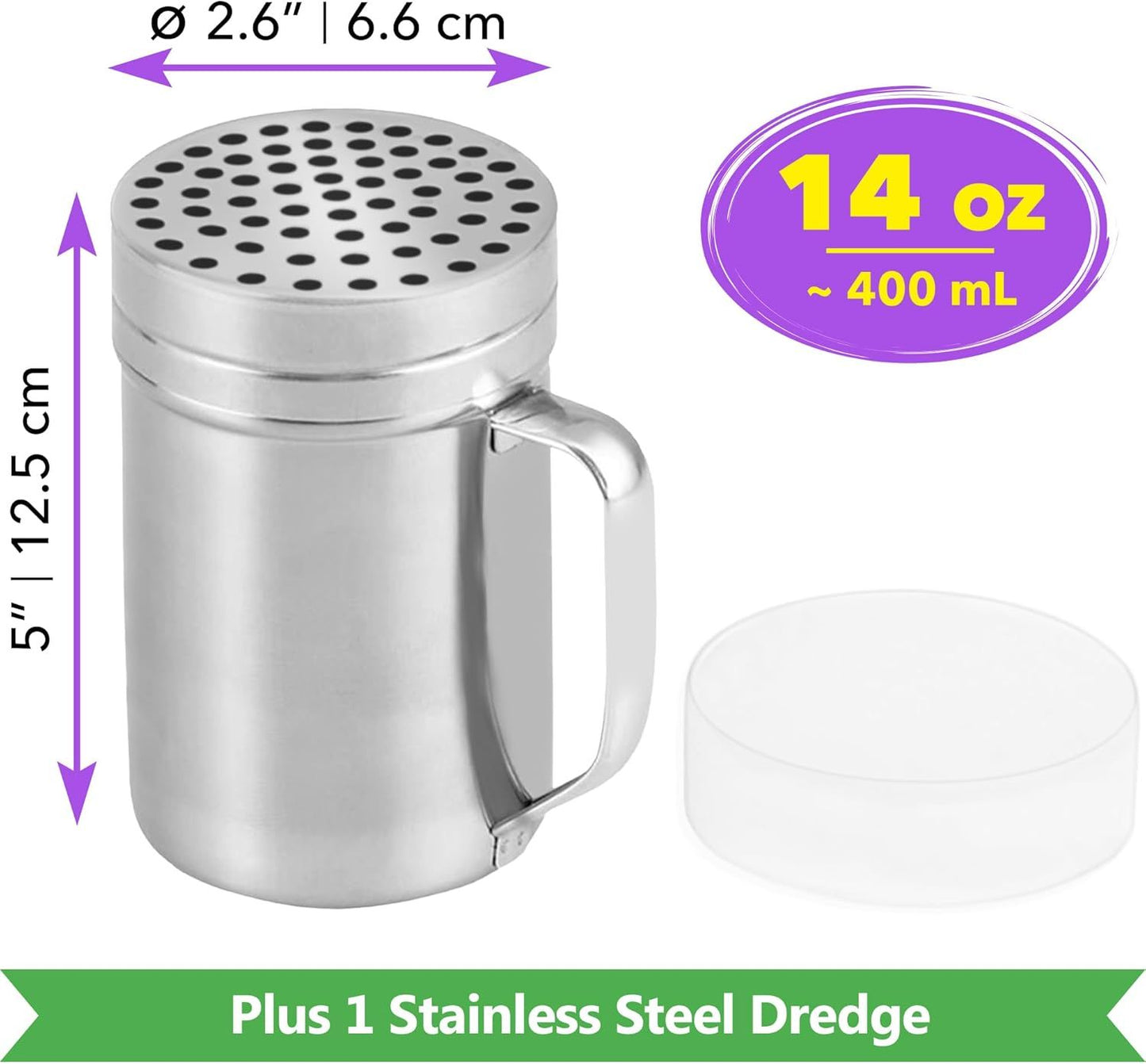 [2-pcs] 14 oz Large Metal Salt Pepper Dredge Shakers + [1-pcs] 14 oz Metal Parmesan Cheese Shaker - with Hadles and Caps Bundle