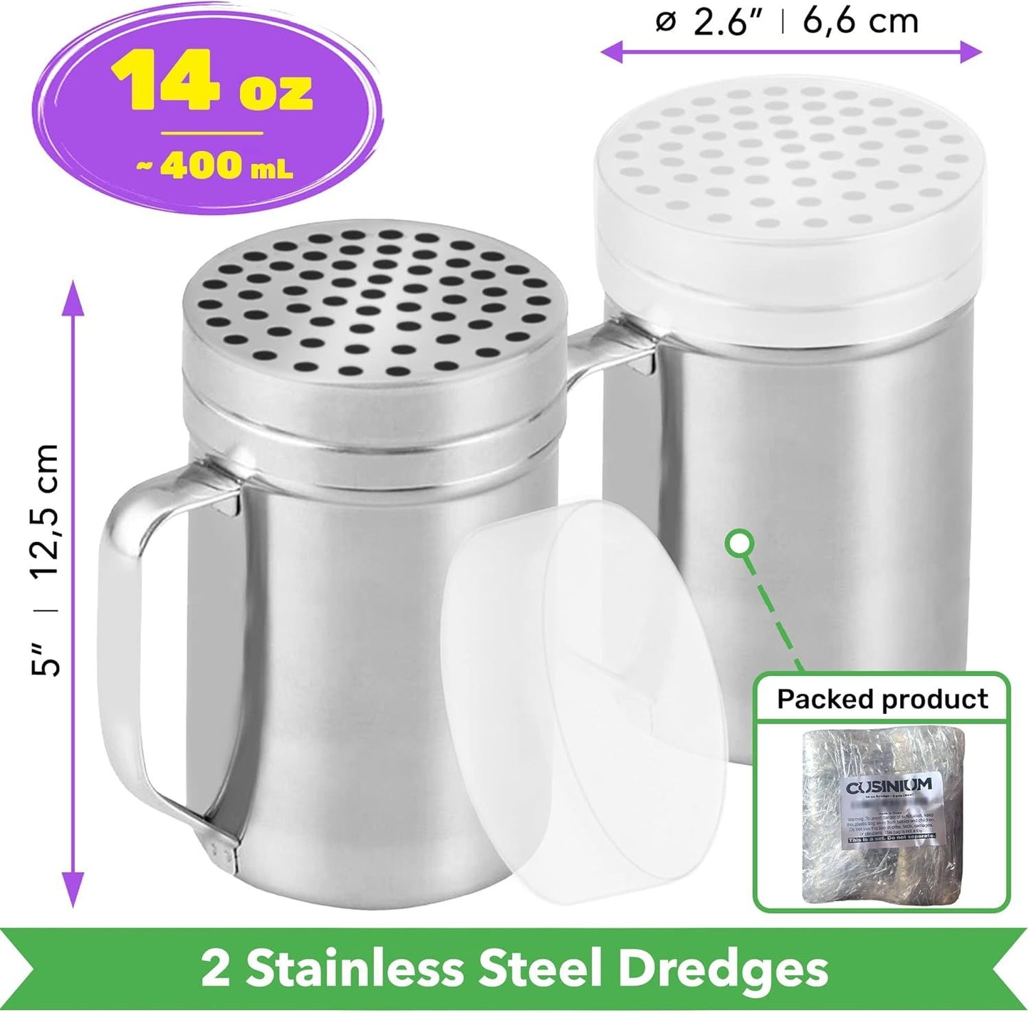 [2-pcs] 14oz Metal Parmesan Cheese Shakers (Large Holes) + [1-pcs] 10oz Stainless Steel Salt & Pepper Dredge Shaker (Medium Holes) - with Plastic Caps and Handles Bundle