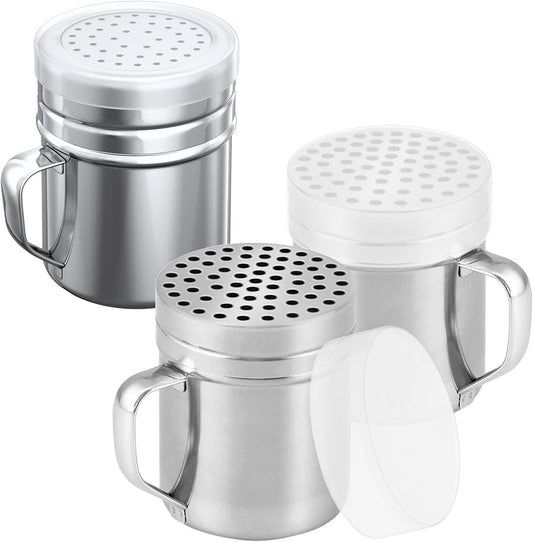 [2-pcs] 10oz Metal Parmesan Cheese Shakers (Large Holes) + [1-pcs] 10oz Stainless Steel Salt & Pepper Dredge Shaker (Medium Holes) - with Plastic Caps and Handles Bundle