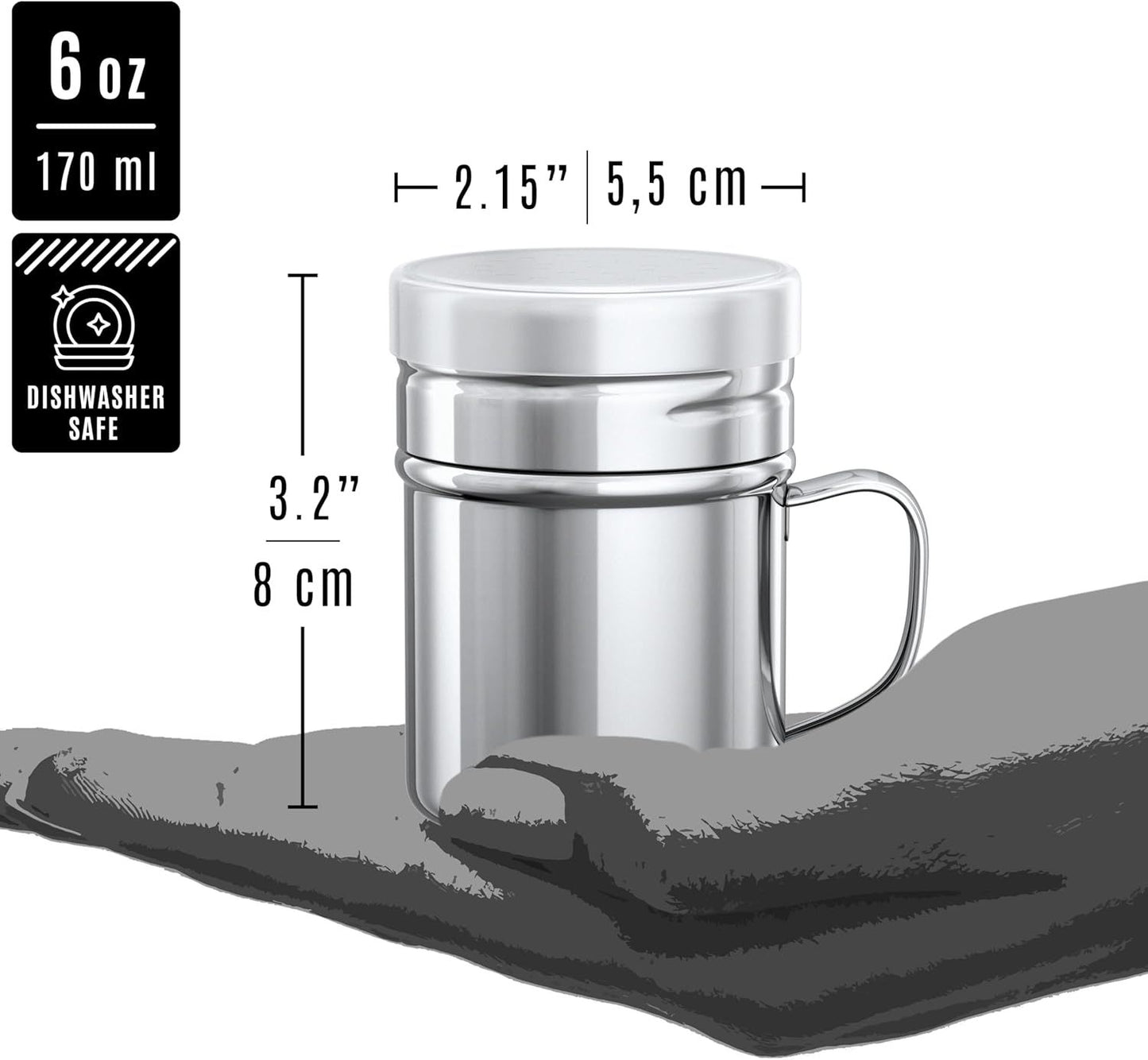 [4-pcs] 6oz Metal Salt Pepper Cooking Dredge Shakers (Medium Holes) + [1-pcs] 10oz Metal Parmesan Cheese Shaker (Large Holes) - with Plastic Caps and Handle