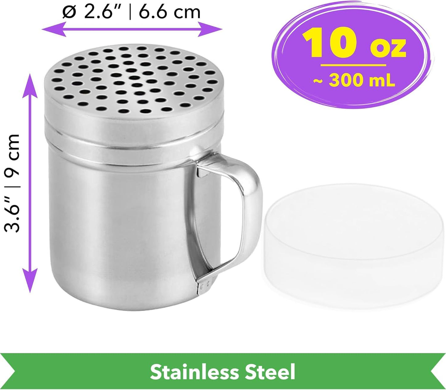 [4-pcs] 6oz Metal Salt Pepper Cooking Dredge Shakers (Medium Holes) + [1-pcs] 10oz Metal Parmesan Cheese Shaker (Large Holes) - with Plastic Caps and Handle