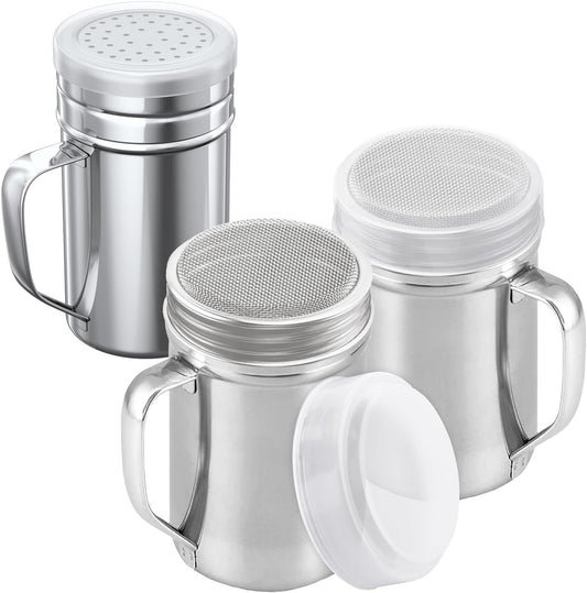 [2-pcs] 14oz Large Powdered Sugar Shakers (ine Mesh) + [1-pcs] 14oz Stainless Steel Salt Pepper Dredge Shaker - with Plastic Caps & Handles Bundle