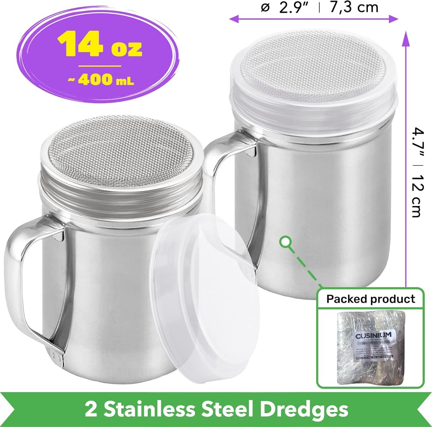 [2-pcs] 14oz Large Powdered Sugar Shakers (ine Mesh) + [1-pcs] 14oz Stainless Steel Salt Pepper Dredge Shaker - with Plastic Caps & Handles Bundle