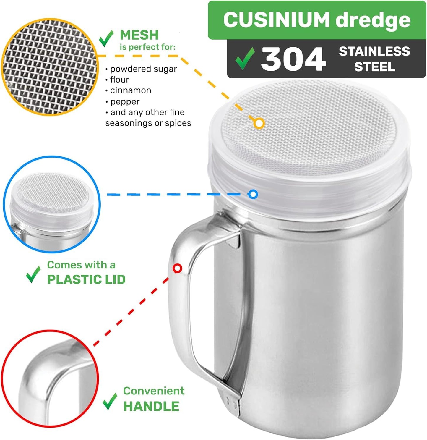 [2-pcs] 14oz Large Powdered Sugar Shakers (ine Mesh) + [1-pcs] 14oz Stainless Steel Salt Pepper Dredge Shaker - with Plastic Caps & Handles Bundle