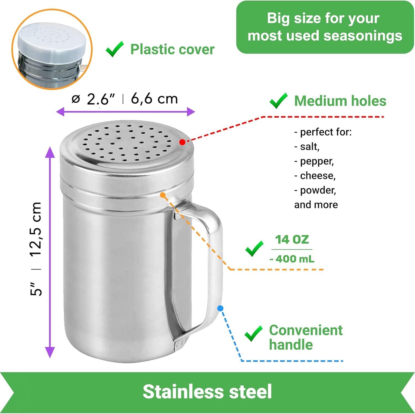 2 Stainless Steel Salt & Pepper Dredge (10 + 14 oz) + 14 ounce Metal Parmesan Cheese Shaker (Large Holes) - with Plastic Caps & Handles Bundle