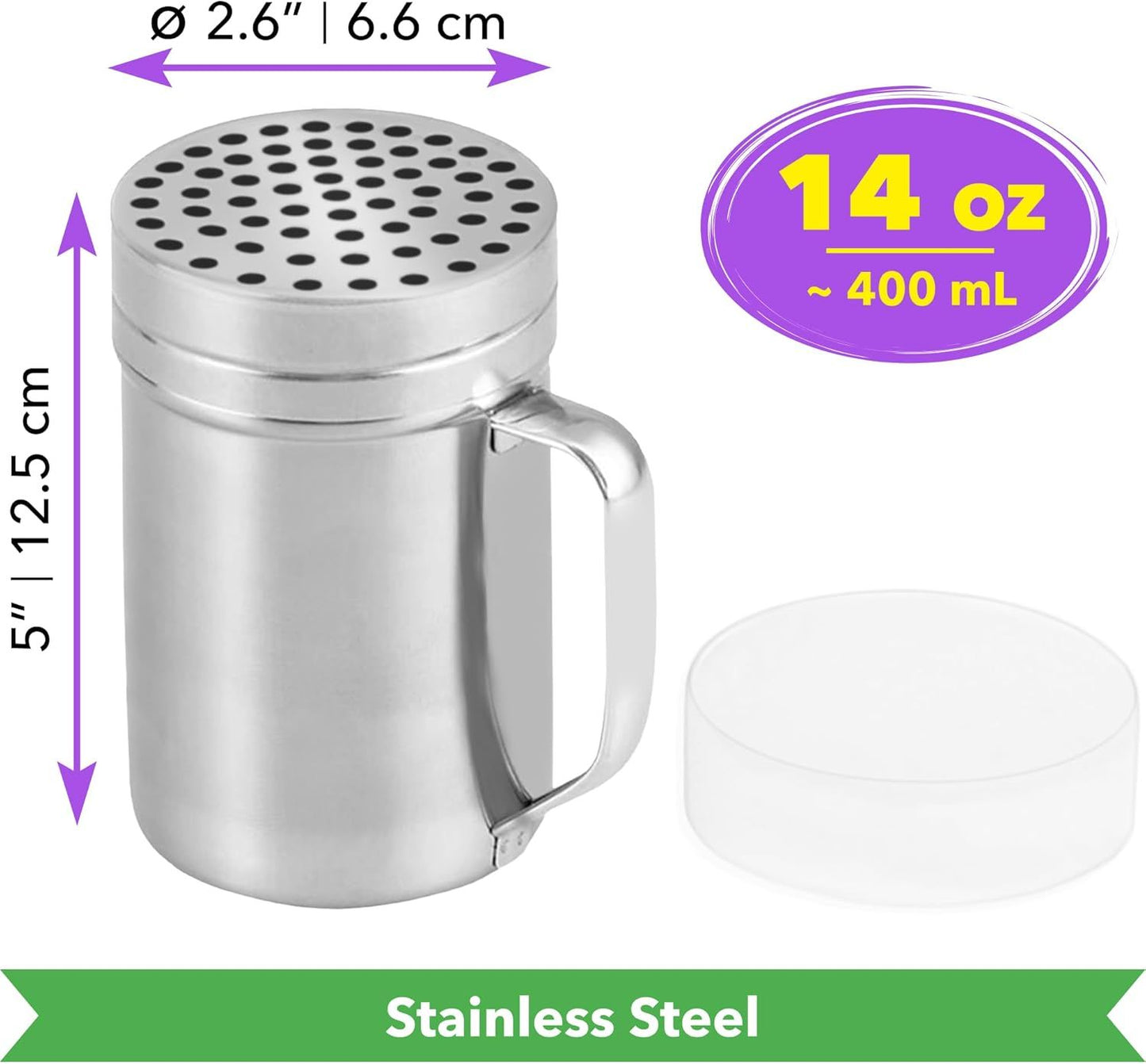 2 Stainless Steel Salt & Pepper Dredge (10 + 14 oz) + 14 ounce Metal Parmesan Cheese Shaker (Large Holes) - with Plastic Caps & Handles Bundle