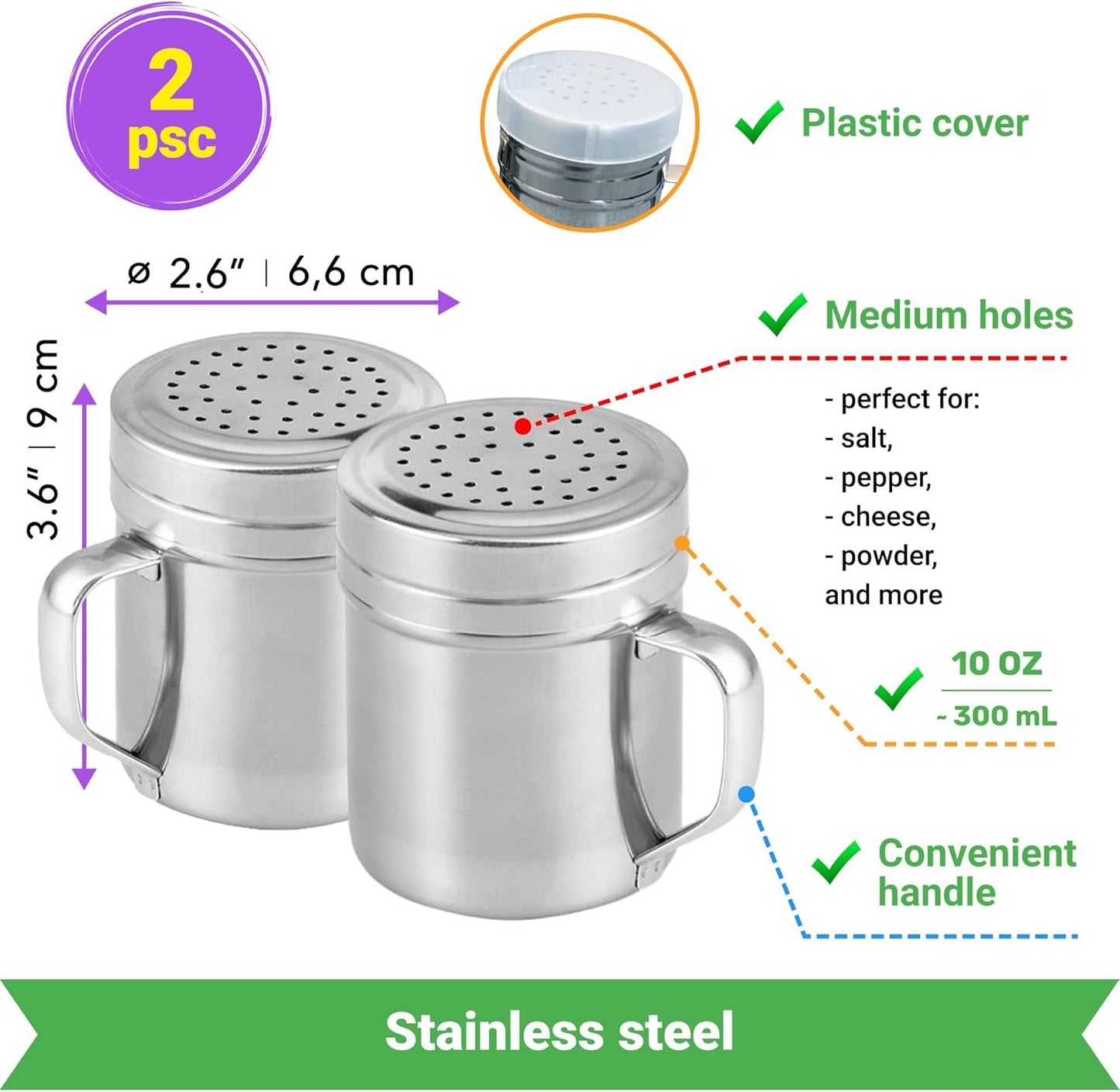 2 Stainless Steel Salt & Pepper Dredge (10 + 14 oz) + 10 ounce Metal Parmesan Cheese Shaker (Large Holes) - with Plastic Caps & Handles Bundle