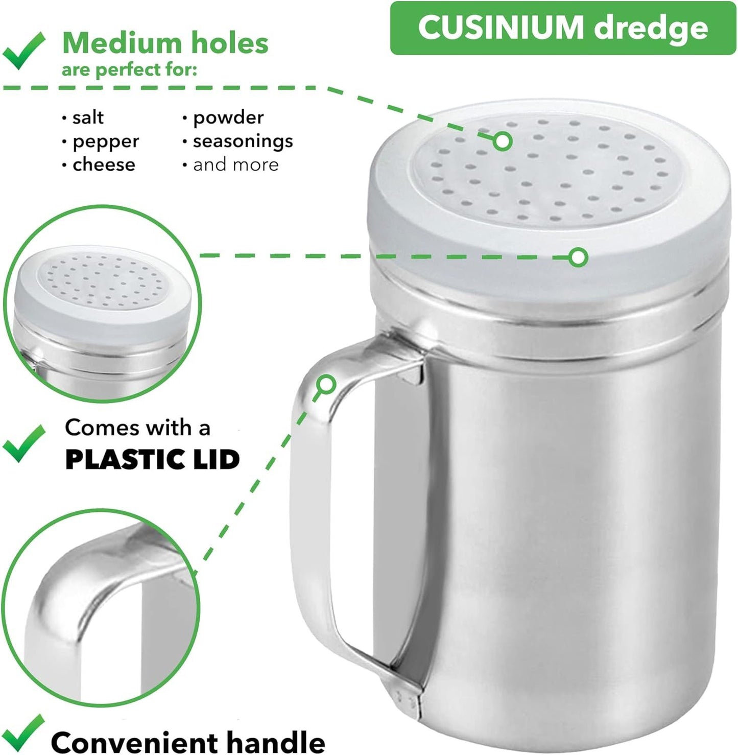 [2-pack] 14oz Seasonings Spice Shaker with Medium Holes, [2-pack] 14oz Metal Parmesan Cheese Shaker with Large Holes - with Handle and Plastic Cap