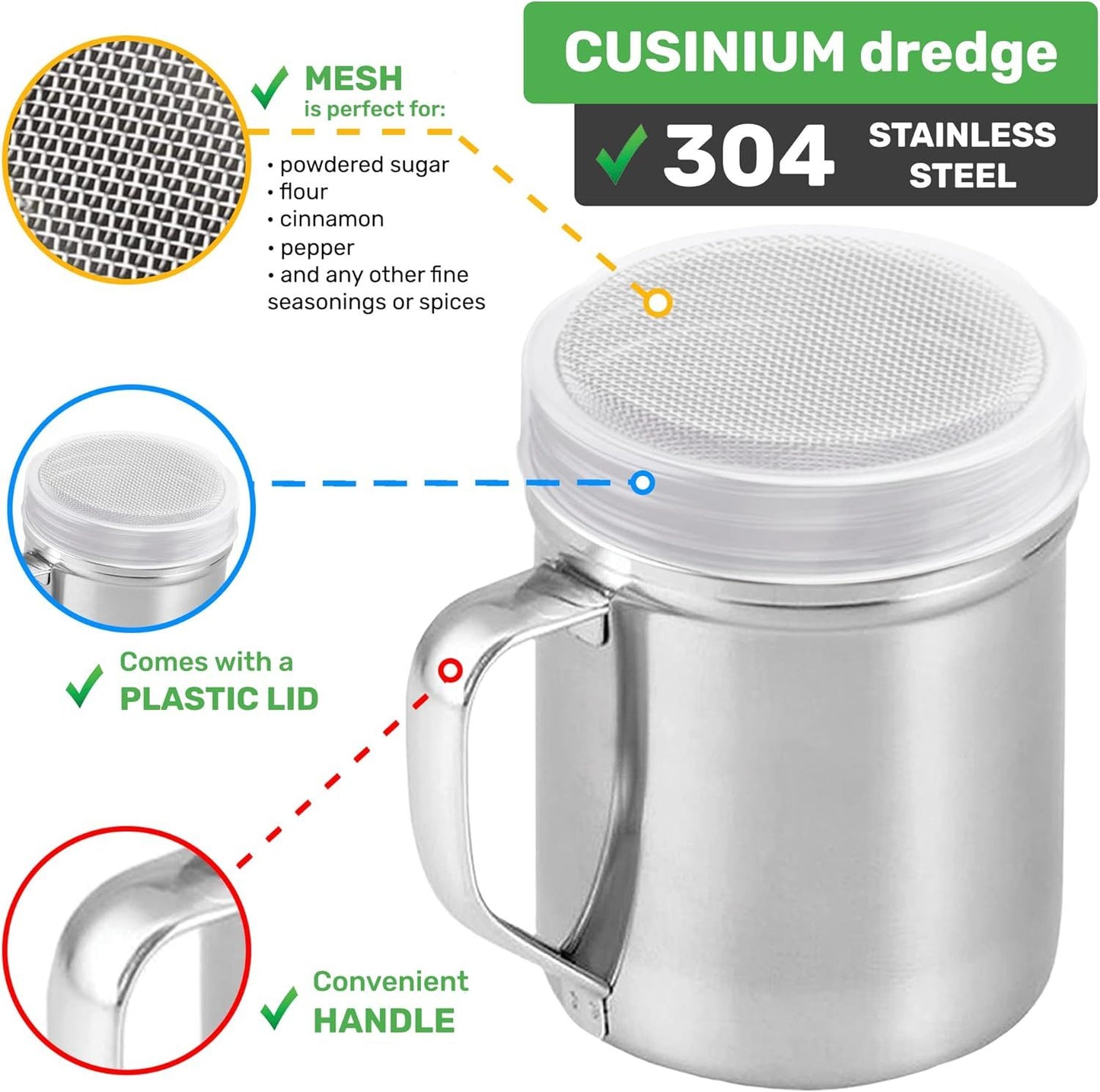 [2-pack] 10oz Metal Cheese Shaker with Large Holes, [2-pack] 10oz Powdered Sugar Shaker with ine Mesh - With Handle and Lids