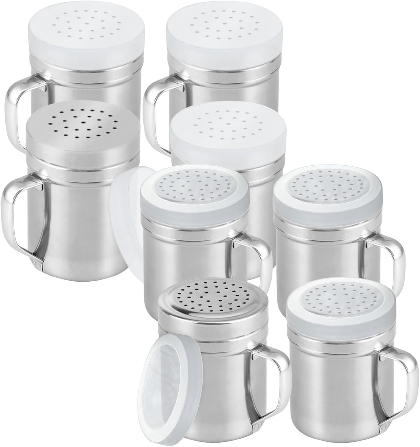 [4-pack] 6oz Metal Salt & Pepper Shaker with Holes, [4-pack] 10oz Metal Salt & Pepper Shaker with Holes - with Handle and Plastic Cap