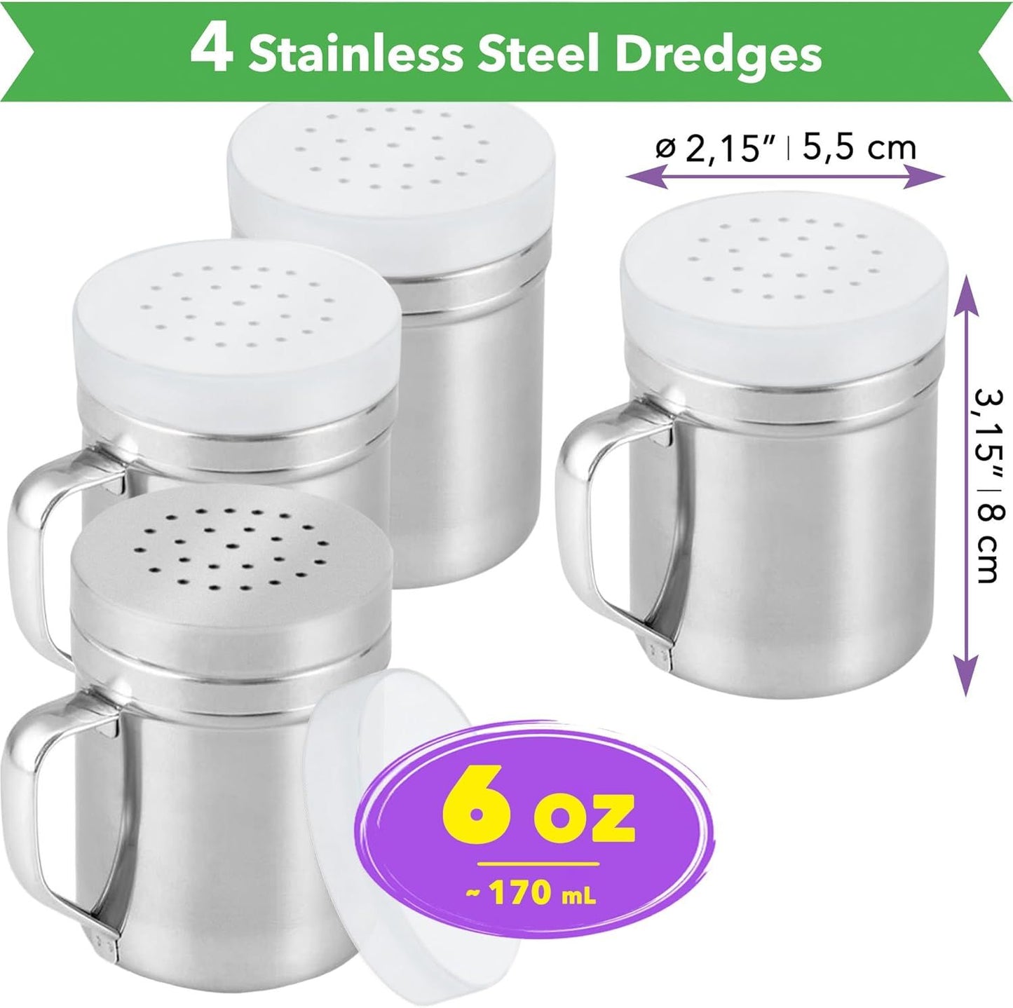 [4-pack] 6oz Metal Salt & Pepper Shaker with Holes, [4-pack] 10oz Metal Salt & Pepper Shaker with Holes - with Handle and Plastic Cap