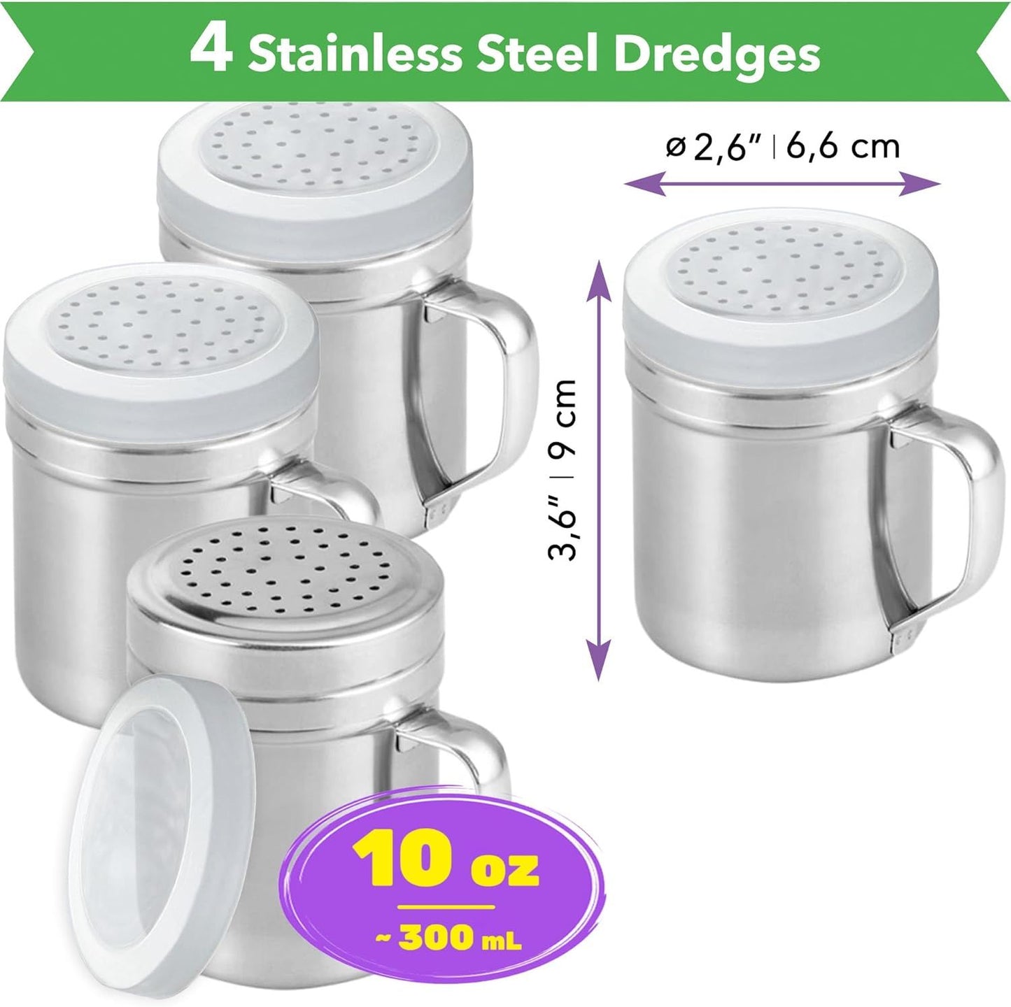 [4-pack] 6oz Metal Salt & Pepper Shaker with Holes, [4-pack] 10oz Metal Salt & Pepper Shaker with Holes - with Handle and Plastic Cap