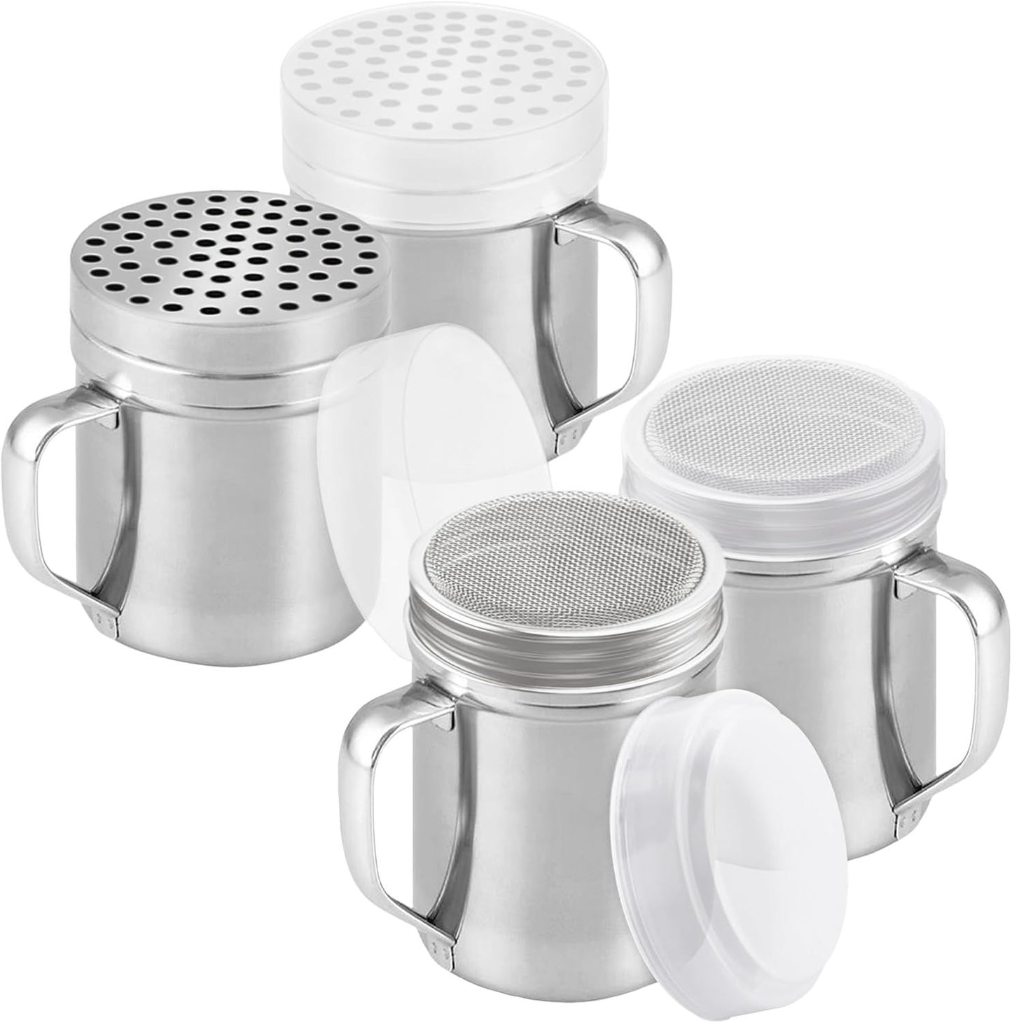 [2-pack] 6oz Powdered Shaker with ine Mesh, [2-pack] 10oz Metal Parmesan Cheese Shaker with Large Holes - with Handle and Plastic Cap