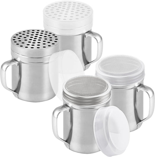 [2-pack] 6oz Powdered Shaker with ine Mesh, [2-pack] 10oz Metal Parmesan Cheese Shaker with Large Holes - with Handle and Plastic Cap