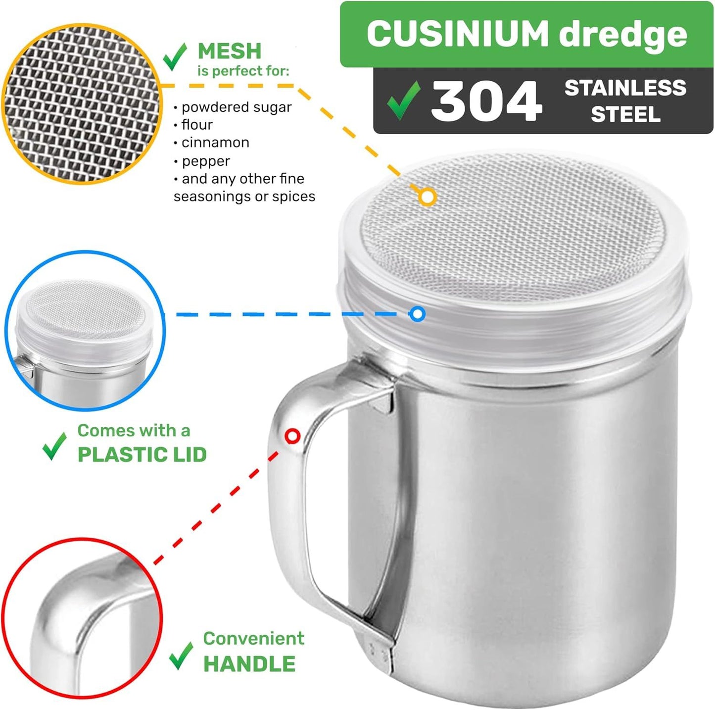[2-pack] 6oz Powdered Shaker with ine Mesh, [2-pack] 10oz Metal Parmesan Cheese Shaker with Large Holes - with Handle and Plastic Cap