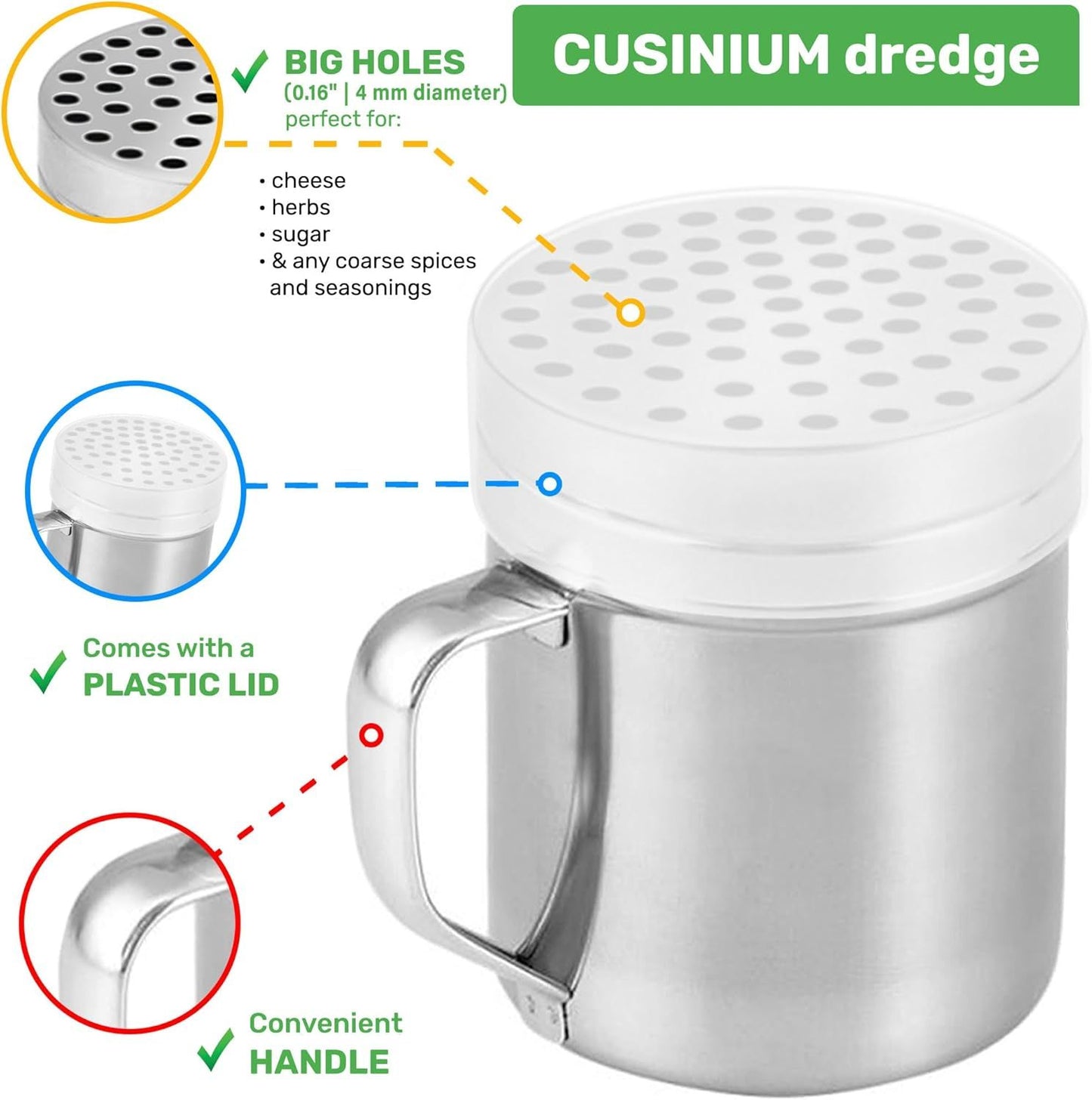 [2-pack] 6oz Powdered Shaker with ine Mesh, [2-pack] 10oz Metal Parmesan Cheese Shaker with Large Holes - with Handle and Plastic Cap
