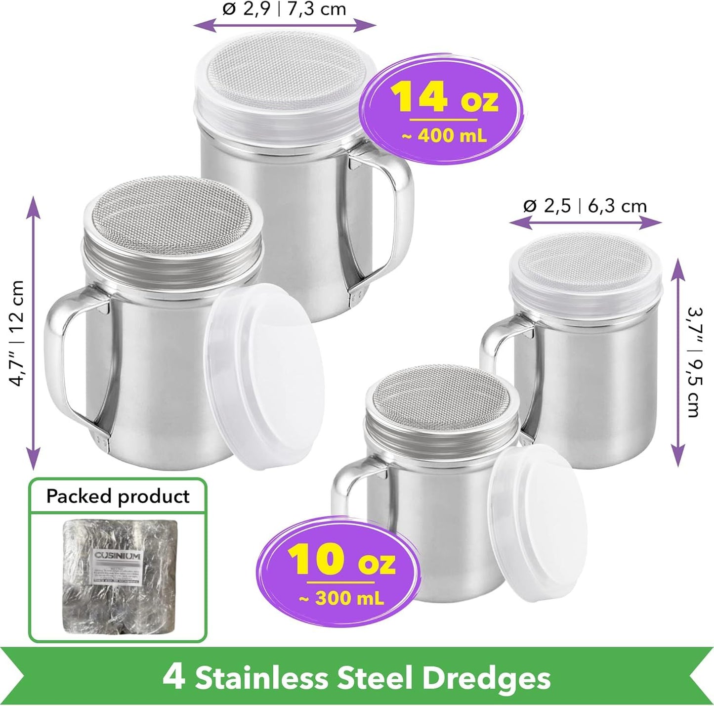 [2-pack] 10 Oz + [2-pack] 14 Oz ine Mesh Shakers With Handle and Lids