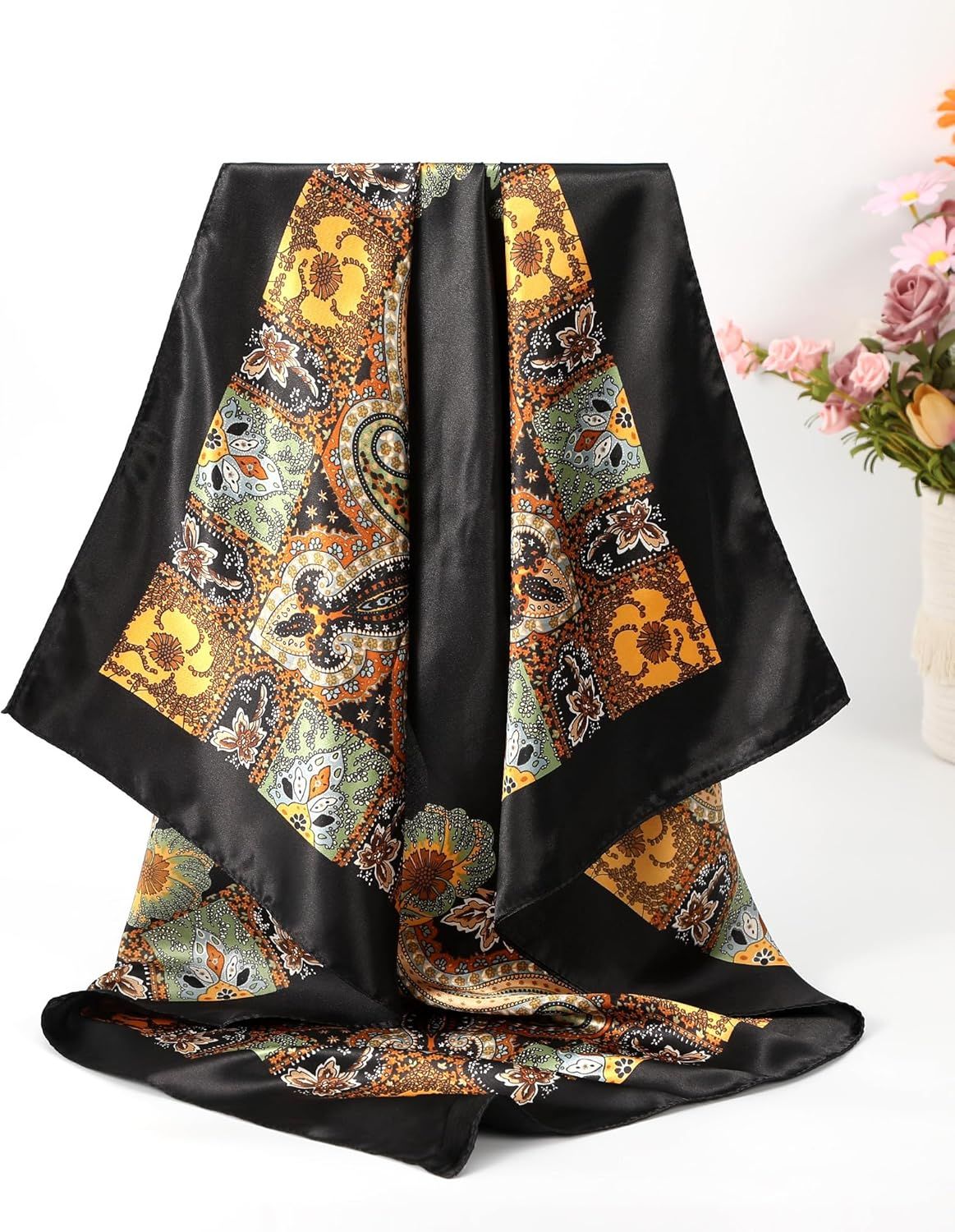 35" Large Silk Hair Scar or Women - 4Pcs Satin Head Scar Square Hair Bandanas loral Wild Rag Sleeping Head Wraps