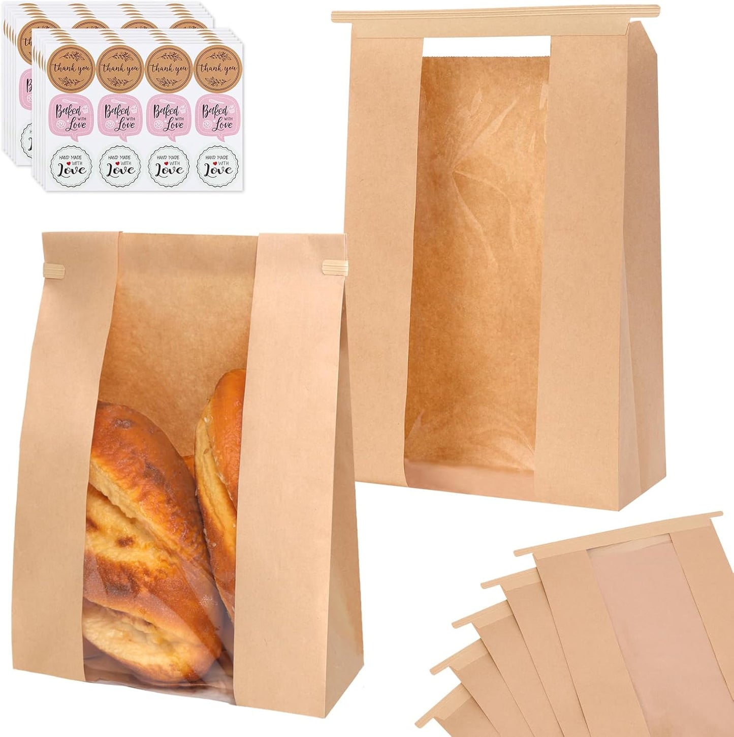 Moretoes 120 Pack Large Paper Bread Bags for Homemade Bread, 13.7x8.3x3.5 Inches, Sourdough Bread Bags with Tin Tie Tab and Clear Front Window, Includes 144 Label Seal Stickers (Brown)