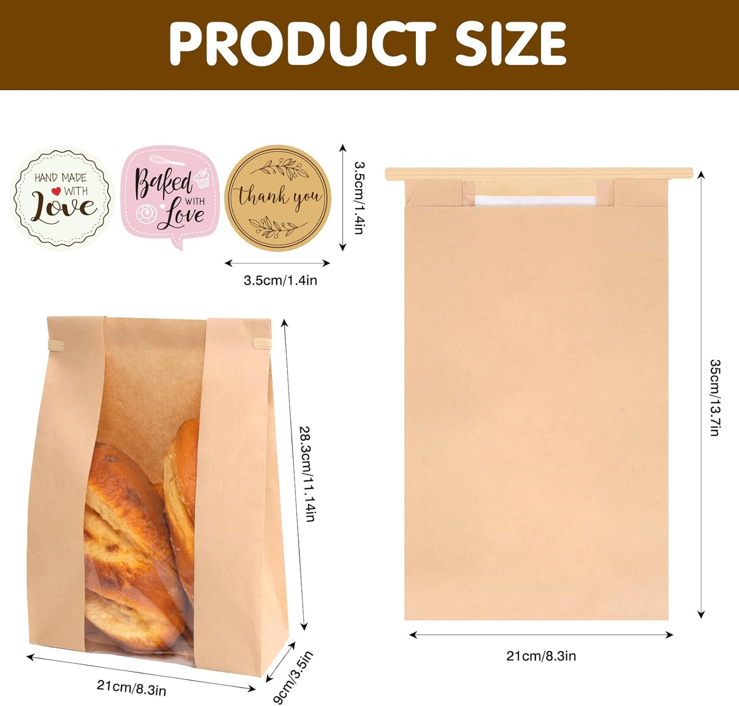 Moretoes 120 Pack Large Paper Bread Bags for Homemade Bread, 13.7x8.3x3.5 Inches, Sourdough Bread Bags with Tin Tie Tab and Clear Front Window, Includes 144 Label Seal Stickers (Brown)