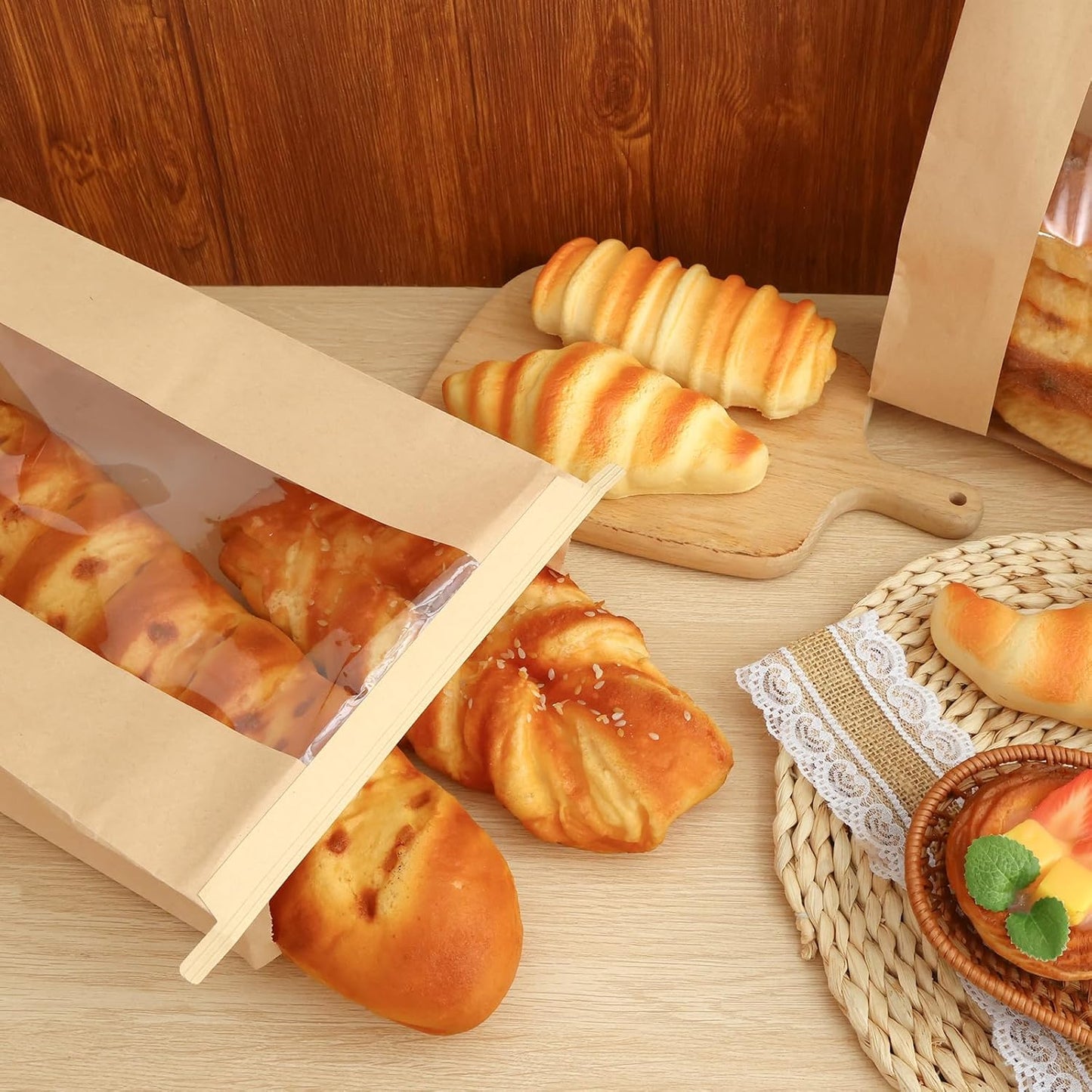 Moretoes 120 Pack Large Paper Bread Bags for Homemade Bread, 13.7x8.3x3.5 Inches, Sourdough Bread Bags with Tin Tie Tab and Clear Front Window, Includes 144 Label Seal Stickers (Brown)