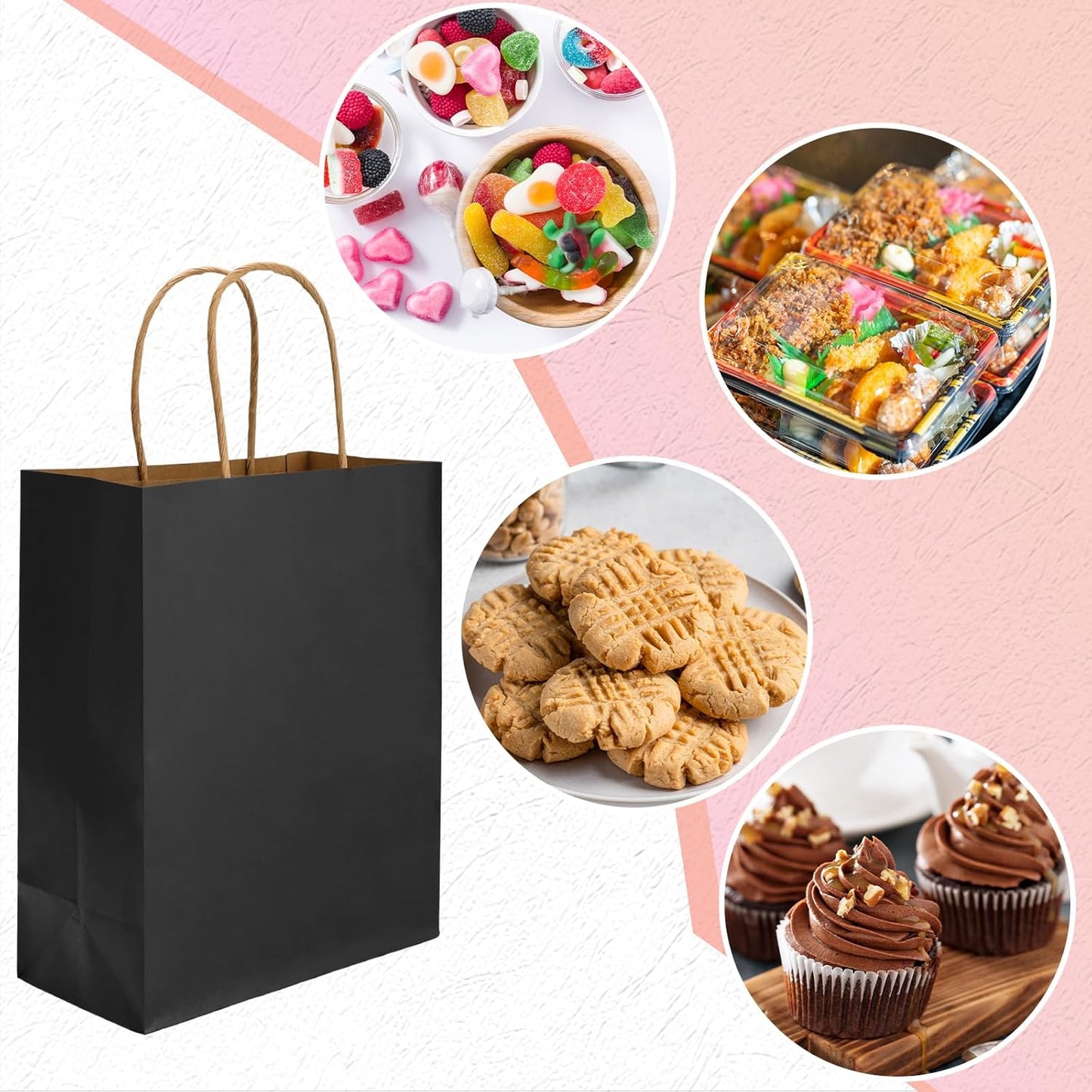 Moretoes 100pcs Paper Gift Bags 10x5x13 Inches Black Kraft Paper Bags with Handles Bulk for Shopping, Retail, Small Business, Birthday Wedding Party Favor, Merchandise