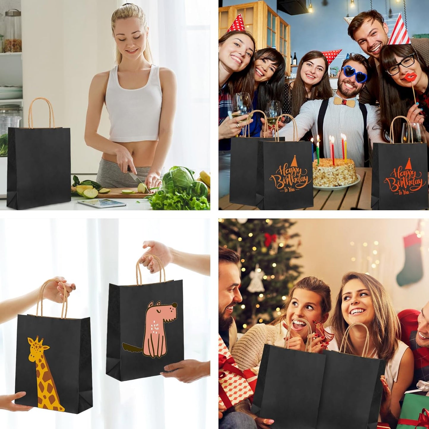 Moretoes 100pcs Paper Gift Bags 10x5x13 Inches Black Kraft Paper Bags with Handles Bulk for Shopping, Retail, Small Business, Birthday Wedding Party Favor, Merchandise