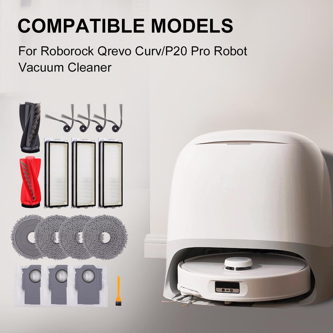 Replacement Parts Accessories Kit or  Qrevo S5V/Qrevo Curv/Qrevo Curv S5X/Qrevo Edge S5A Series Robot Vacuum Cleaner - 1 Main Brush, 3 HEPA ilters, 3 Dust Bags, 4 Mop Pads, 4 Side Brushes