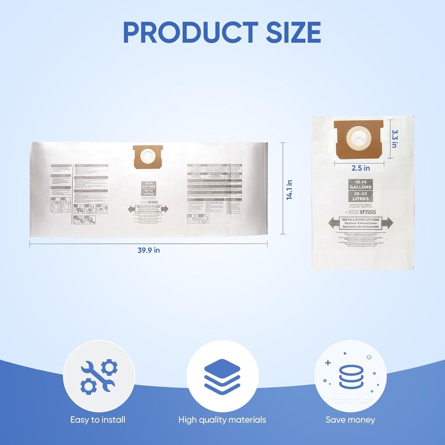 12 Pack V2005 Vacuum Bags Compatible with Shop Vac Bags 10-14 Gallon, Type  90662 9066200 ; Type I 90672 9067200,High Eiciency Disposable ine Dust Collection Vacuum ilter Bags