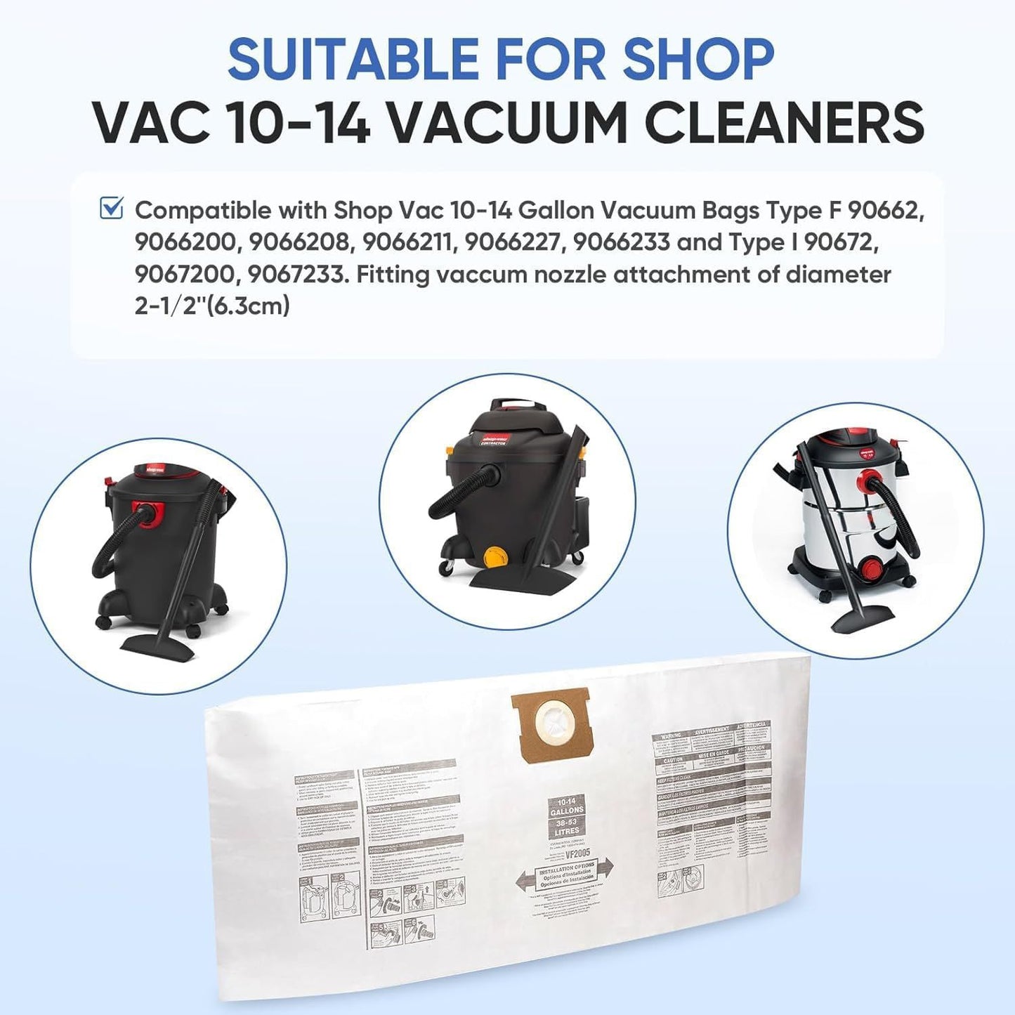 12 Pack V2005 Vacuum Bags Compatible with Shop Vac Bags 10-14 Gallon, Type  90662 9066200 ; Type I 90672 9067200,High Eiciency Disposable ine Dust Collection Vacuum ilter Bags