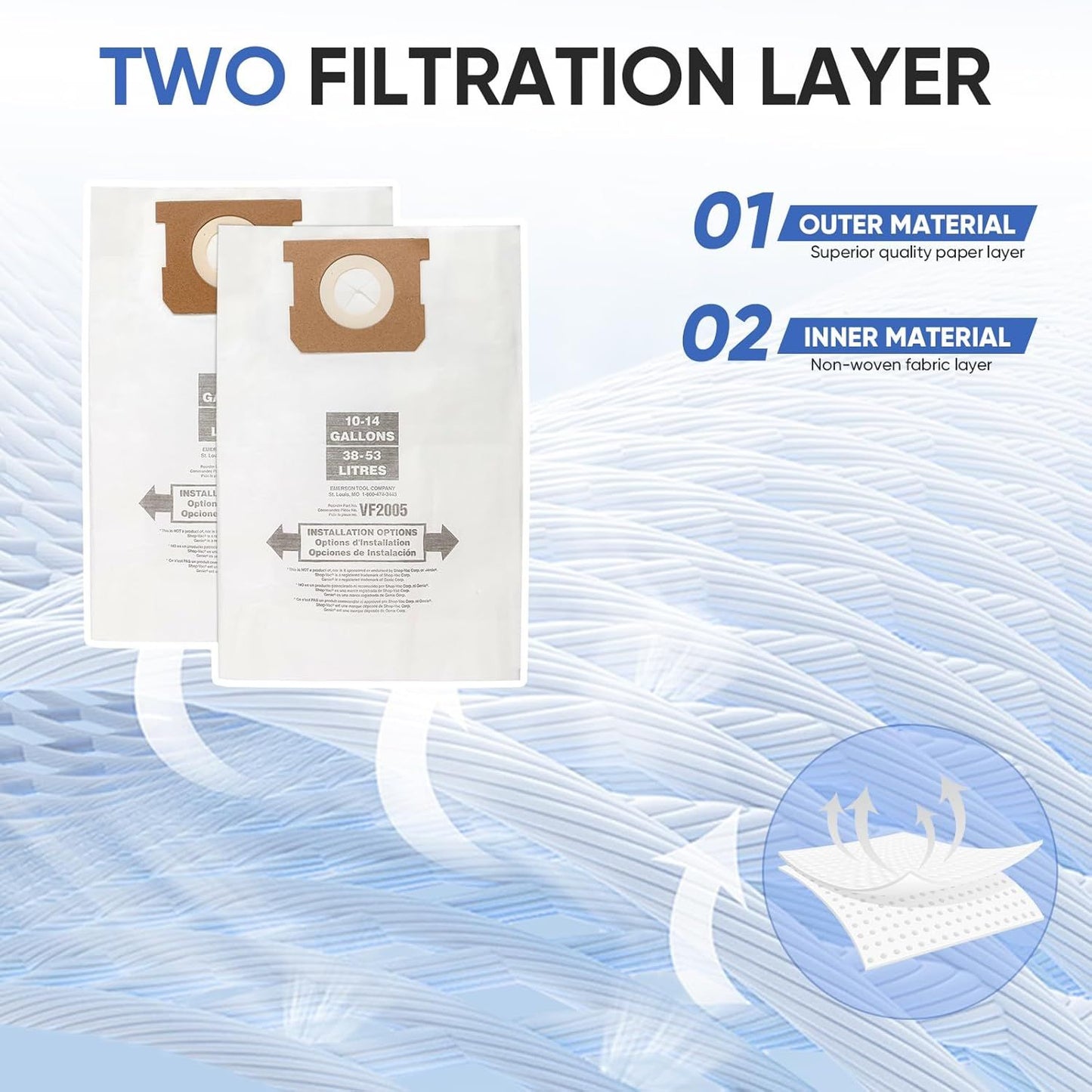 12 Pack V2005 Vacuum Bags Compatible with Shop Vac Bags 10-14 Gallon, Type  90662 9066200 ; Type I 90672 9067200,High Eiciency Disposable ine Dust Collection Vacuum ilter Bags