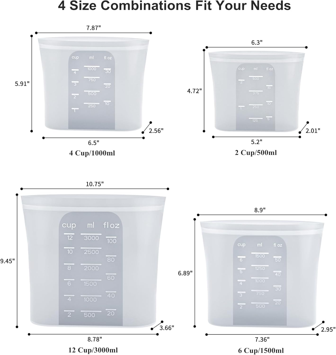 Bangp Premium Silicone Reusable Food Storage Bags,4 Pack,Stand-Up Bottom,Multi-Use Food Freezer Bag,Reclosable Silicone Bags for Marinate Meats,Salad Fruit,Home Organization,Leak-free,Dishwasher Safe