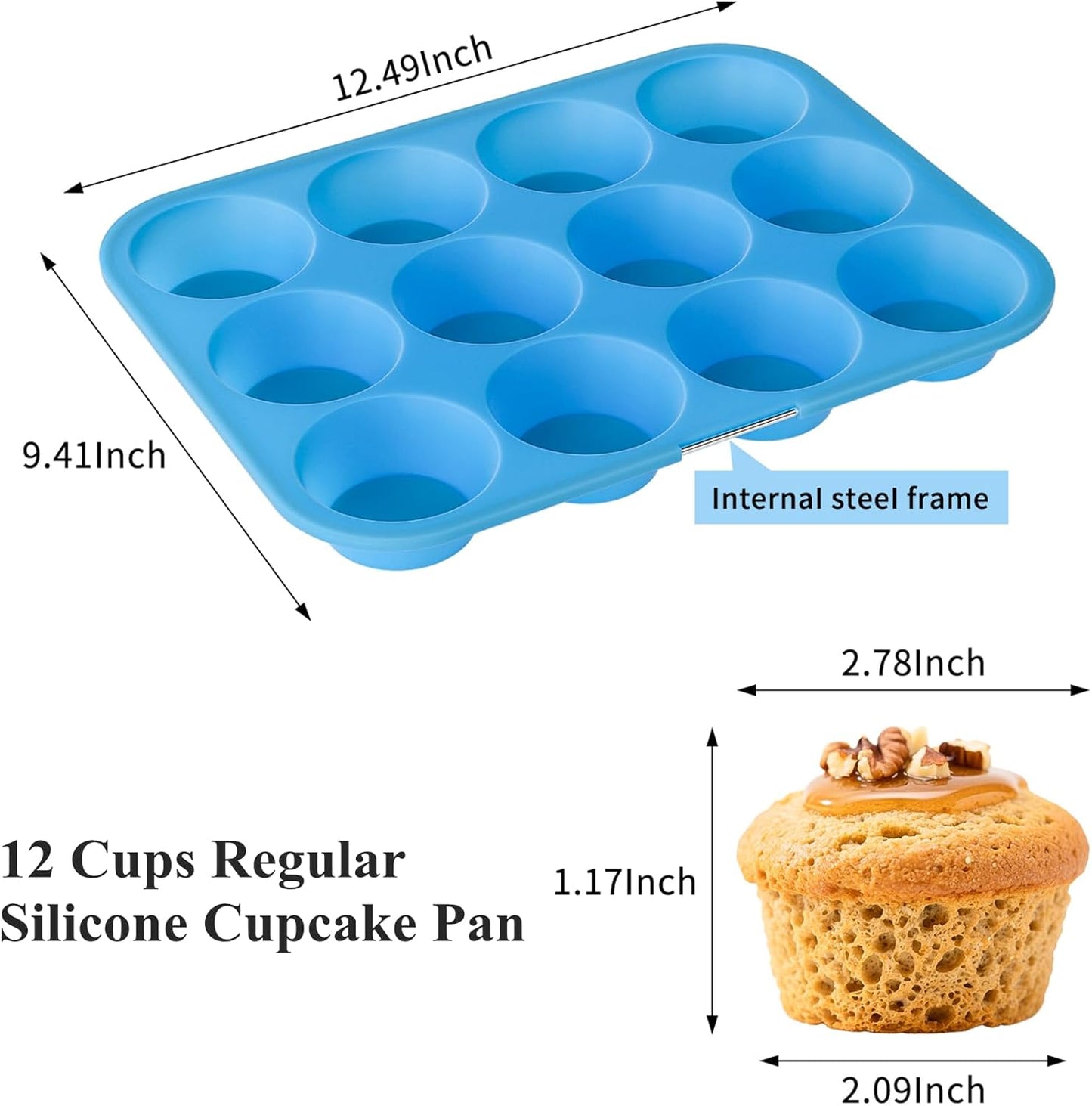 Bangp 2Pack Silicone Muffin Pans for Baking with Metal Reinforced Frame,12 Cup Regular Size Cupcake Pans,Premium Nonstick Food Grade Silicone Muffin Tray for Muffin,Cakes,Tart,Egg Bites