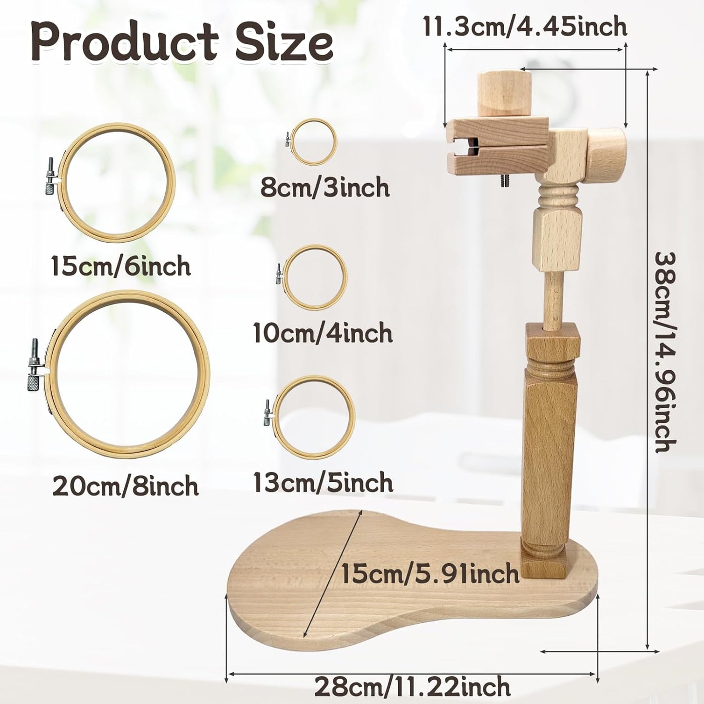 Biaungdo Adjustable Rotated Embroidery Hoop Stand with 5 Pack 5 Sizes Hoop, Wooden Embroidery Holder Frame for Cross Stitch, DIY Craft Sewing Projects