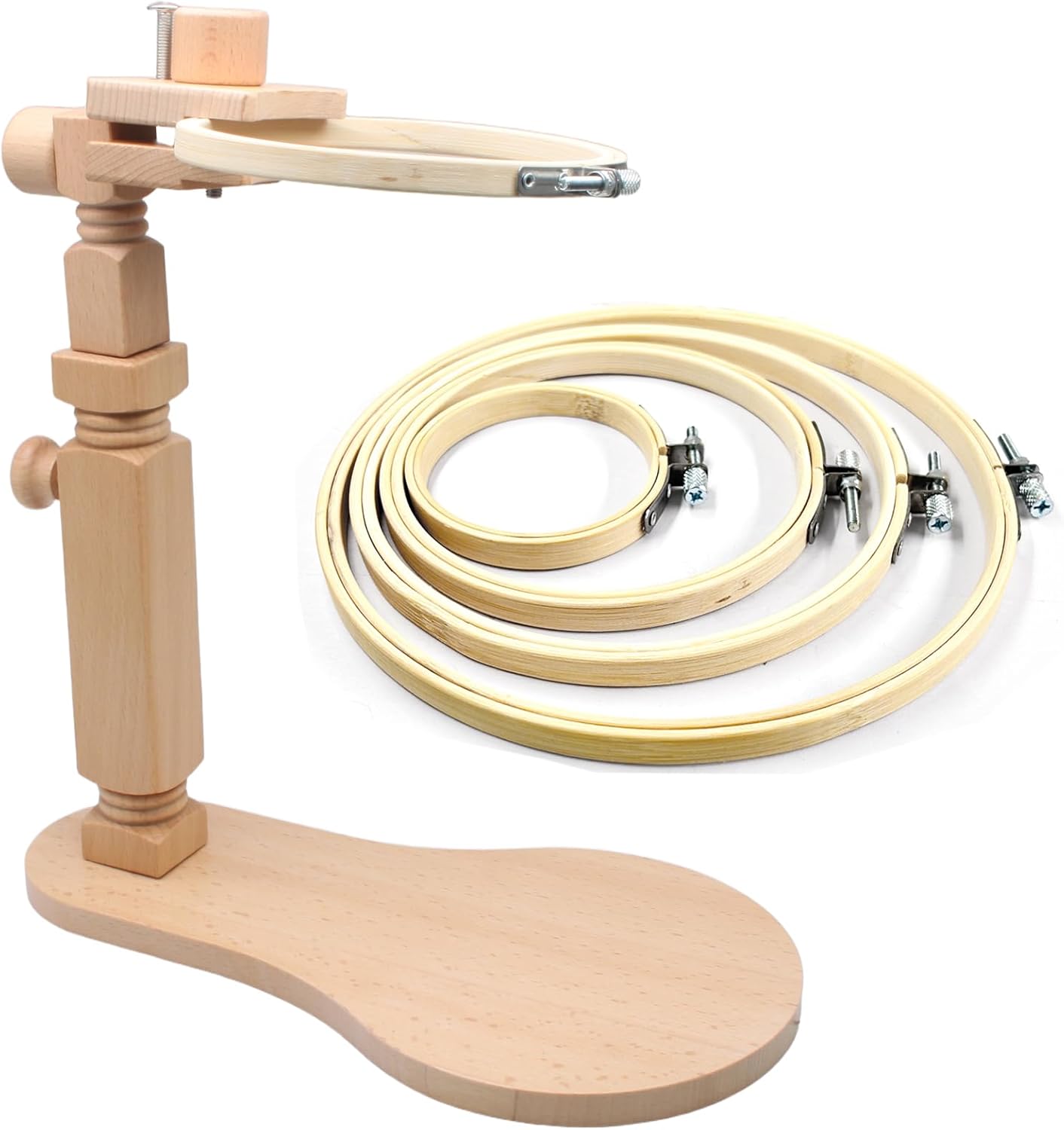 Biaungdo Adjustable Rotated Embroidery Hoop Stand with 5 Pack 5 Sizes Hoop, Wooden Embroidery Holder Frame for Cross Stitch, DIY Craft Sewing Projects