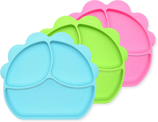 Divided Plate Silicone Dinner Plate,Portable Non Slip Suction Plates Feeding Plate,Unique Ice Cream Maker,Set of 3 (Blue,Pink,Green)