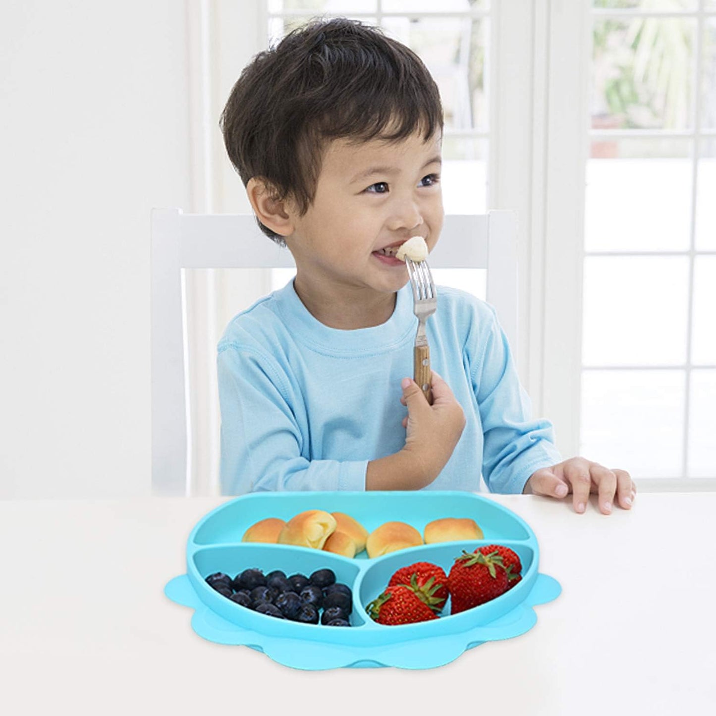 Divided Plate Silicone Dinner Plate,Portable Non Slip Suction Plates Feeding Plate,Unique Ice Cream Maker,Set of 3 (Blue,Pink,Green)