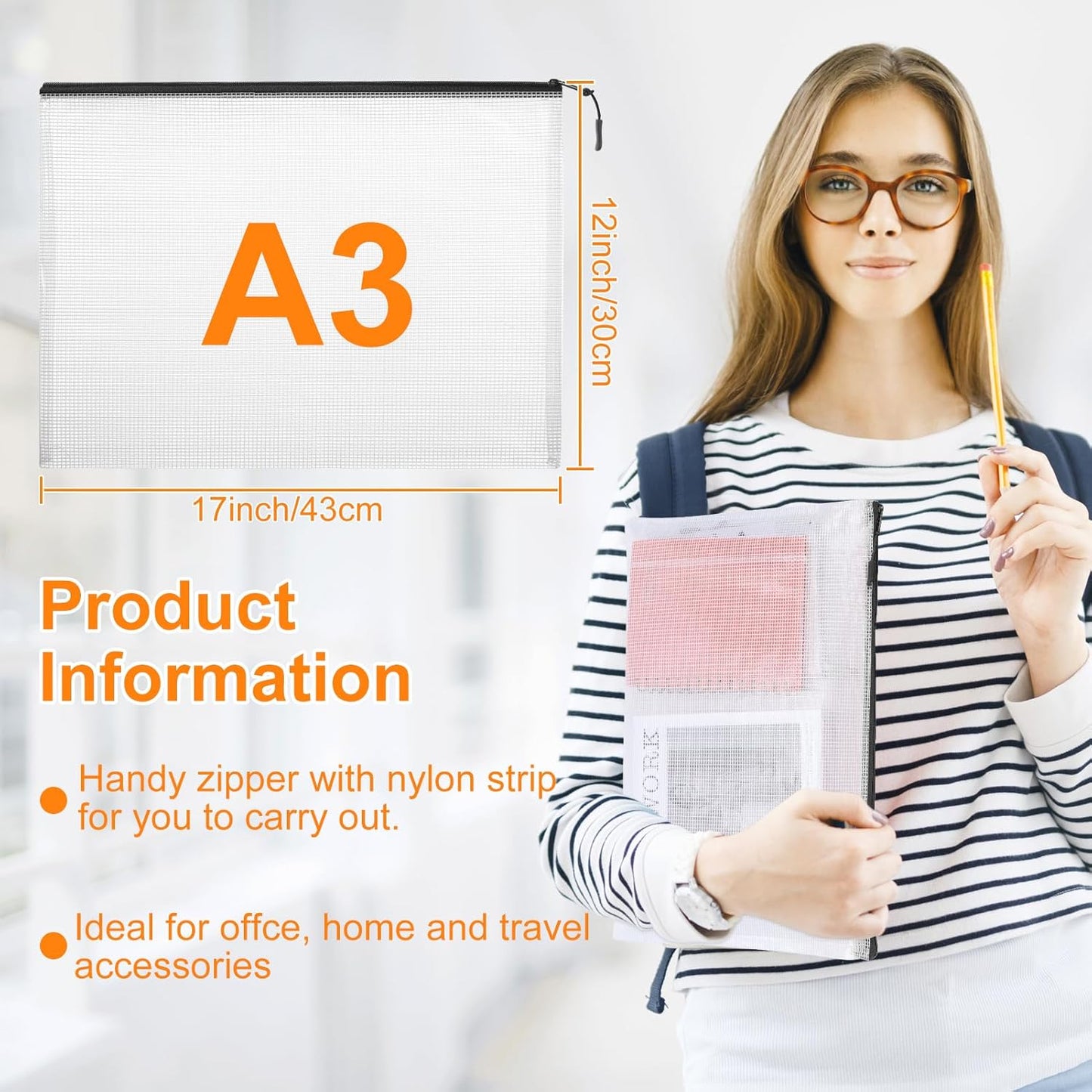 20pcs Plastic Mesh Zipper Pouch Bags, A3 17x12 Inches Extra Large Mesh Bags, Reusable Zipper Pouches for Classroom Office Supplies Organizing, Puzzles & Games, Board Game Organization